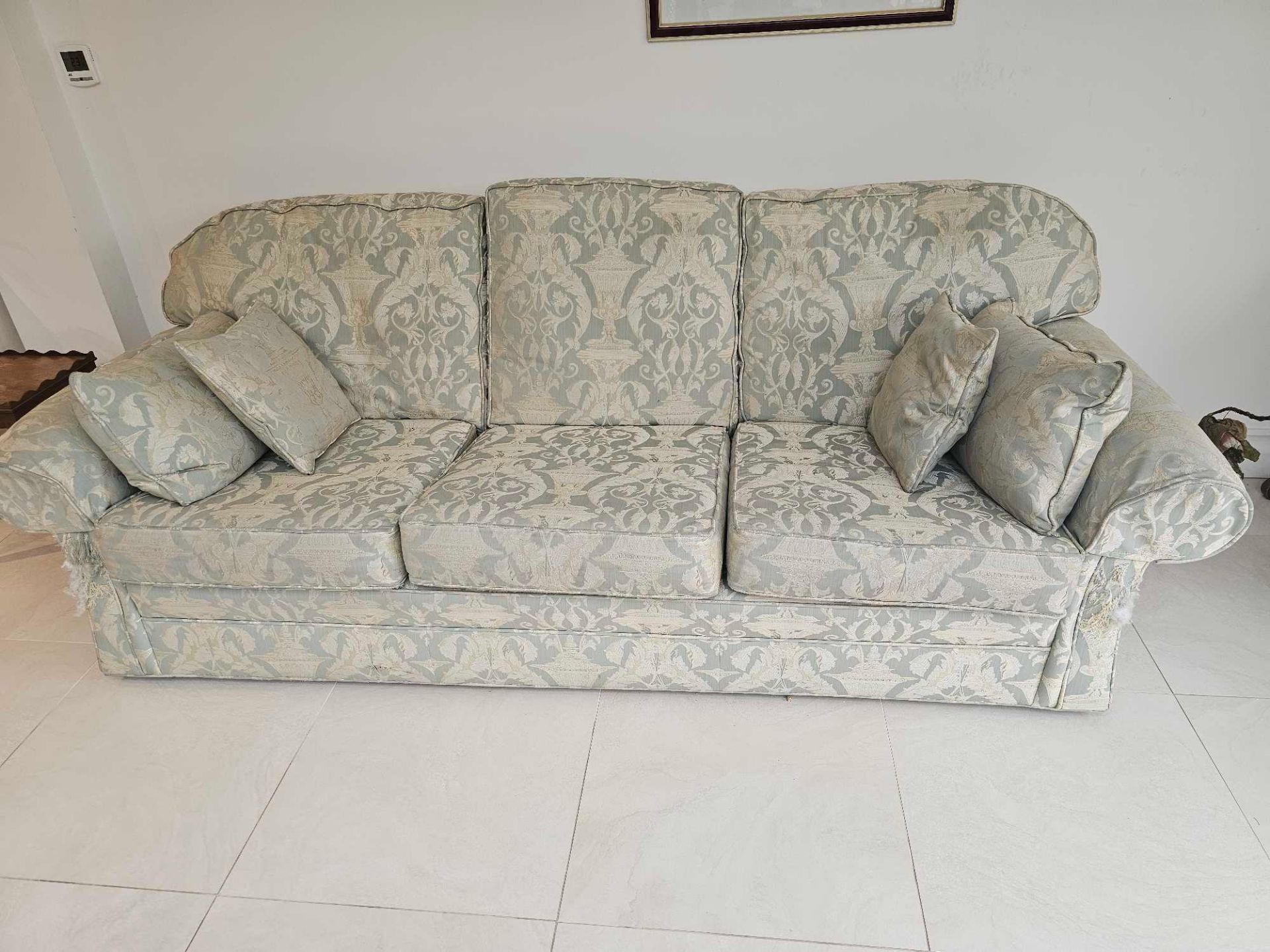A Peter Guild Upholstered Three Seater Sofa In Damask Embossed Pattern Mint And Gold 235 X 87 X 95cm