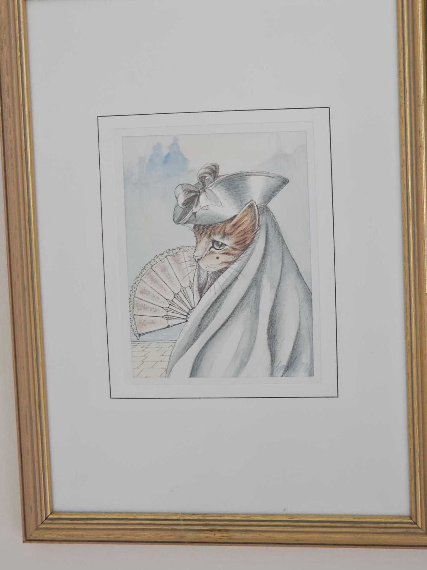 Franco Dei Rossi Soft-Focus Impressionist Print Of A Cat With Cloak, Hat And Fan In Venetian Scene - Image 3 of 3