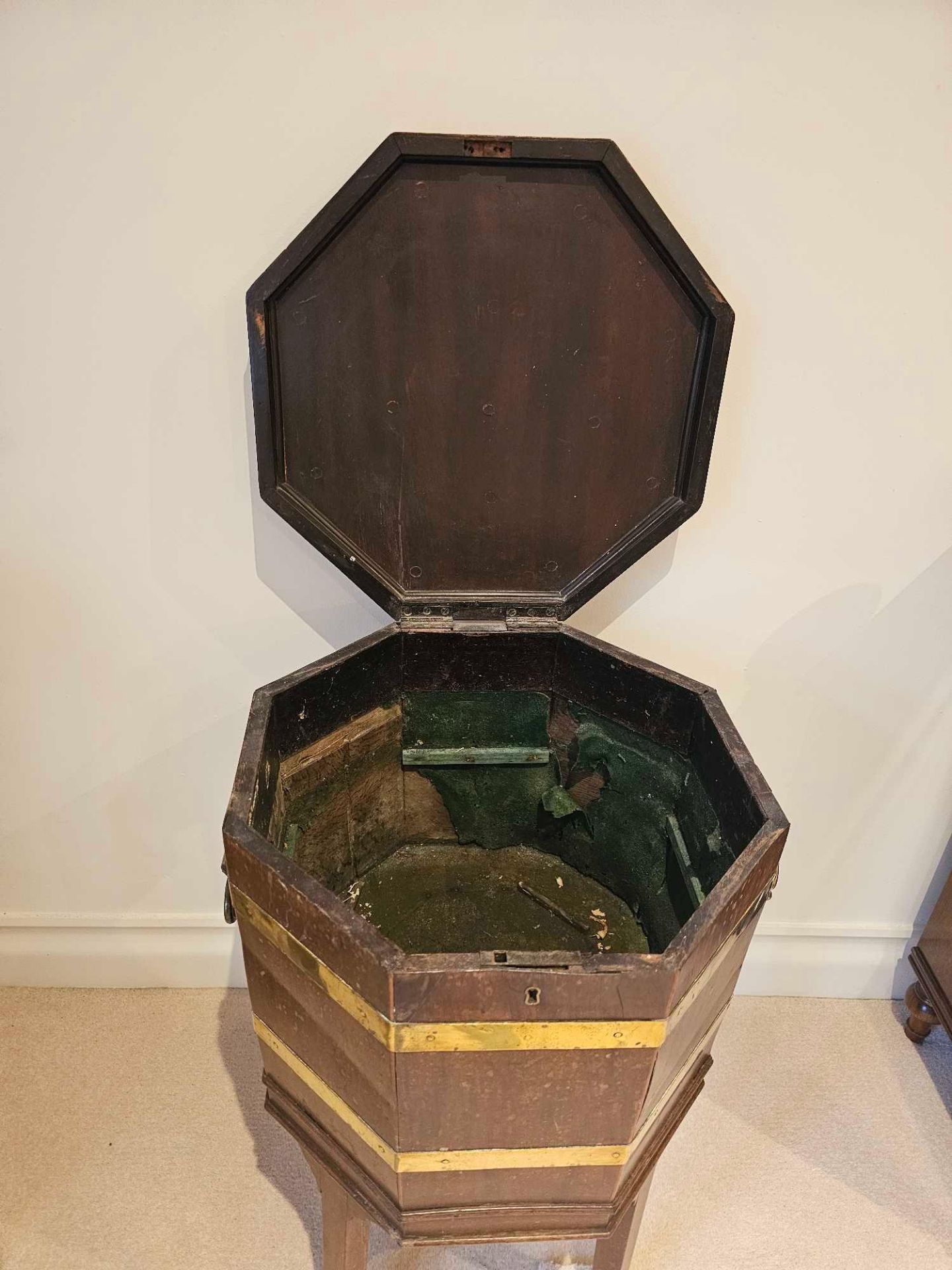 A George III Mahogany Octagonal Brass Bound Wine Cooler On Its Original Stand With Hinged Top The - Image 5 of 8