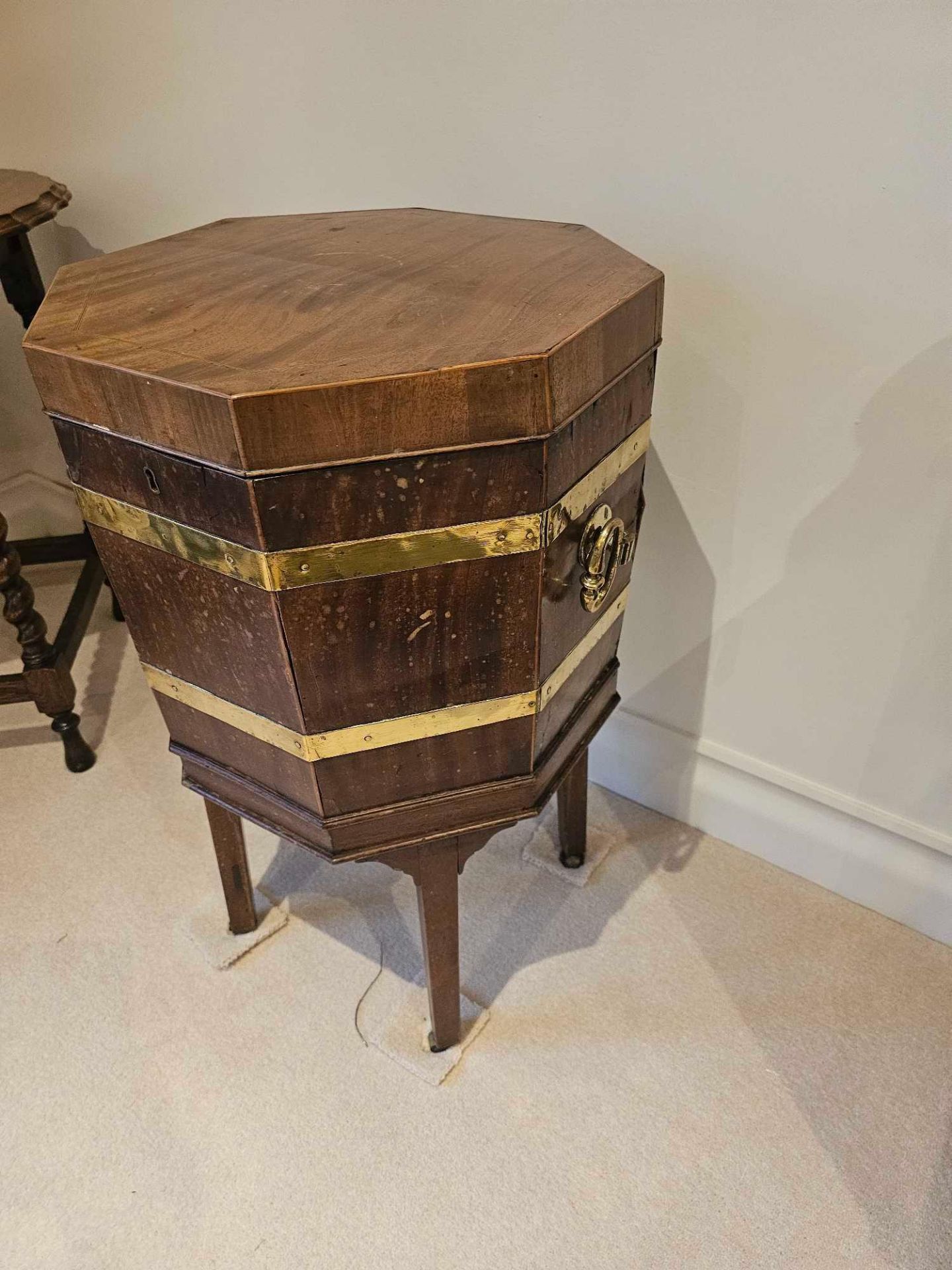 A George III Mahogany Octagonal Brass Bound Wine Cooler On Its Original Stand With Hinged Top The - Image 4 of 8