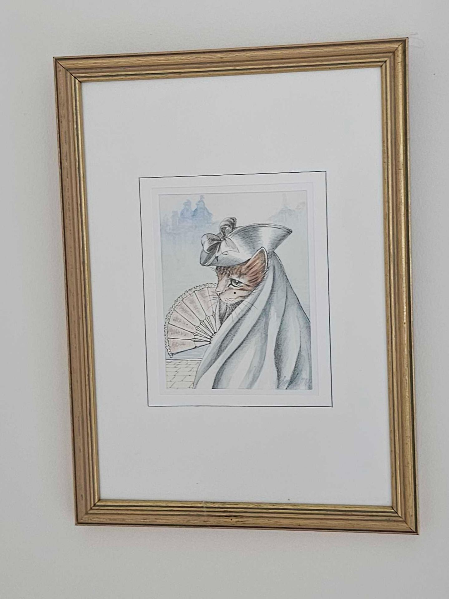 Franco Dei Rossi Soft-Focus Impressionist Print Of A Cat With Cloak, Hat And Fan In Venetian Scene - Image 2 of 3