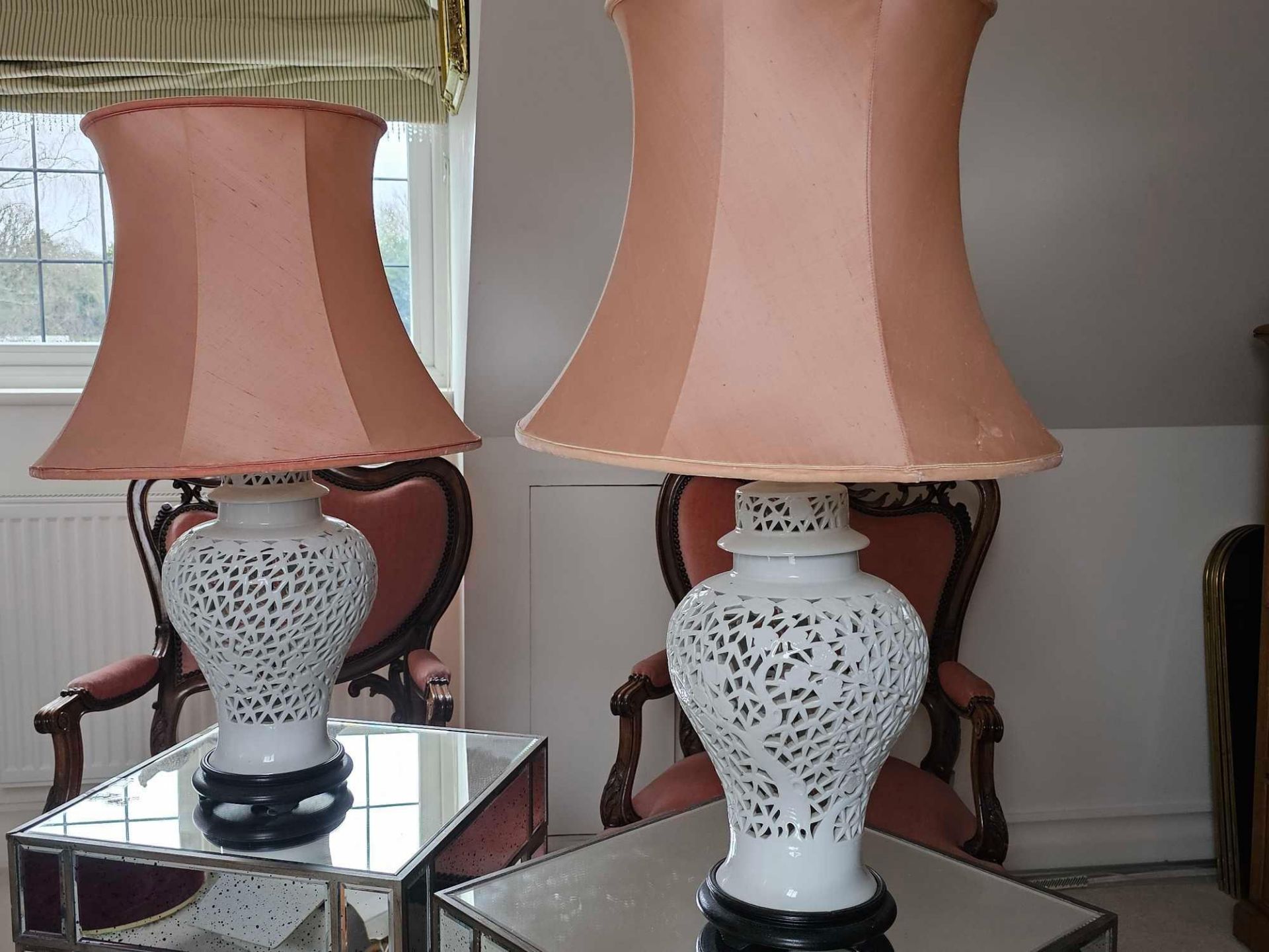 A Pair Of Blanc De Chine Table Lamp Pierced Body In The Form Of Cherry Blossom Porcelain With Shades - Image 2 of 3