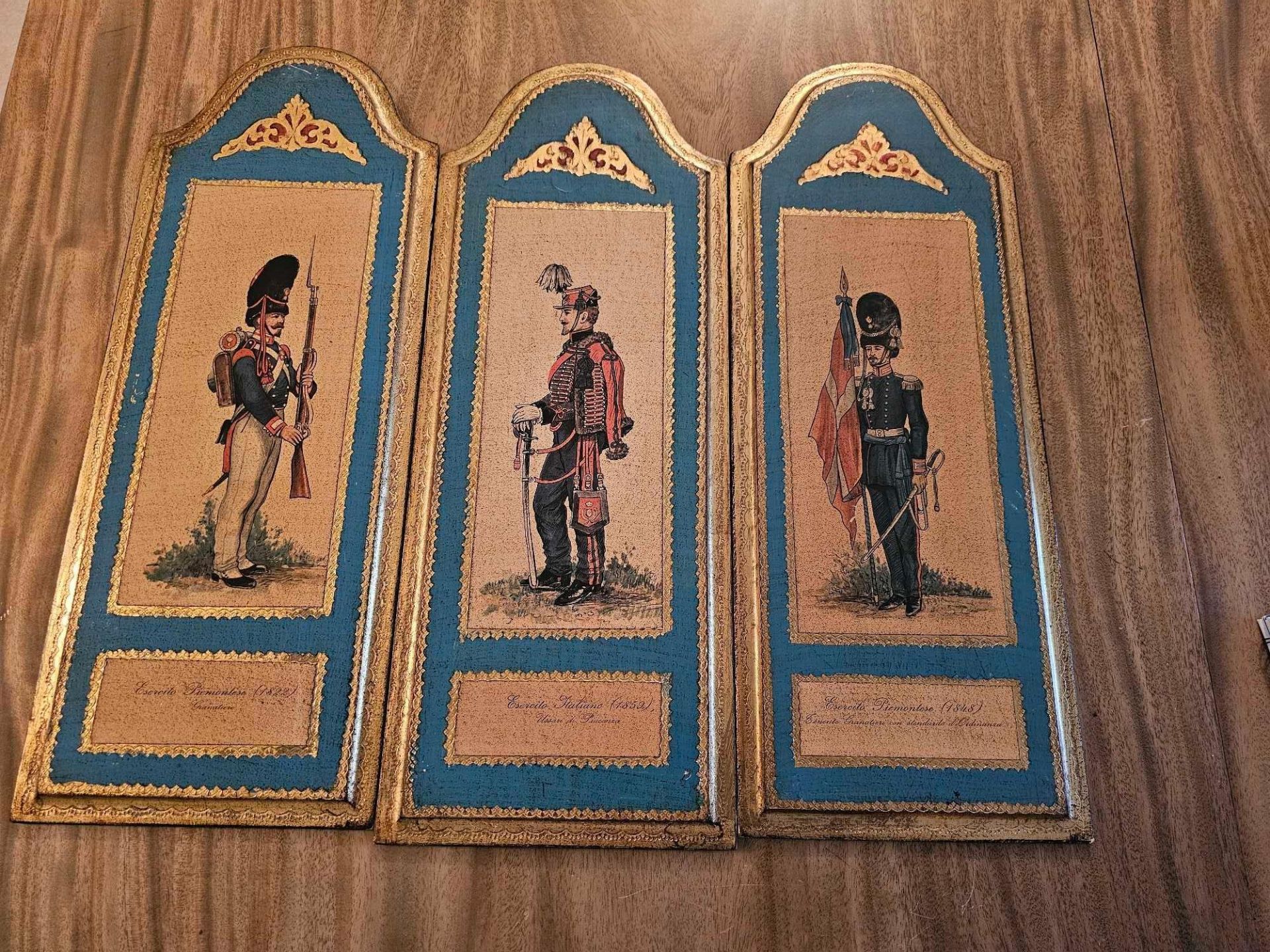 A Set Of 3 X Vintage Esercito Piemontese Italian Soldiers 1822 Prints On Wooden Plaques 20 X 52cm
