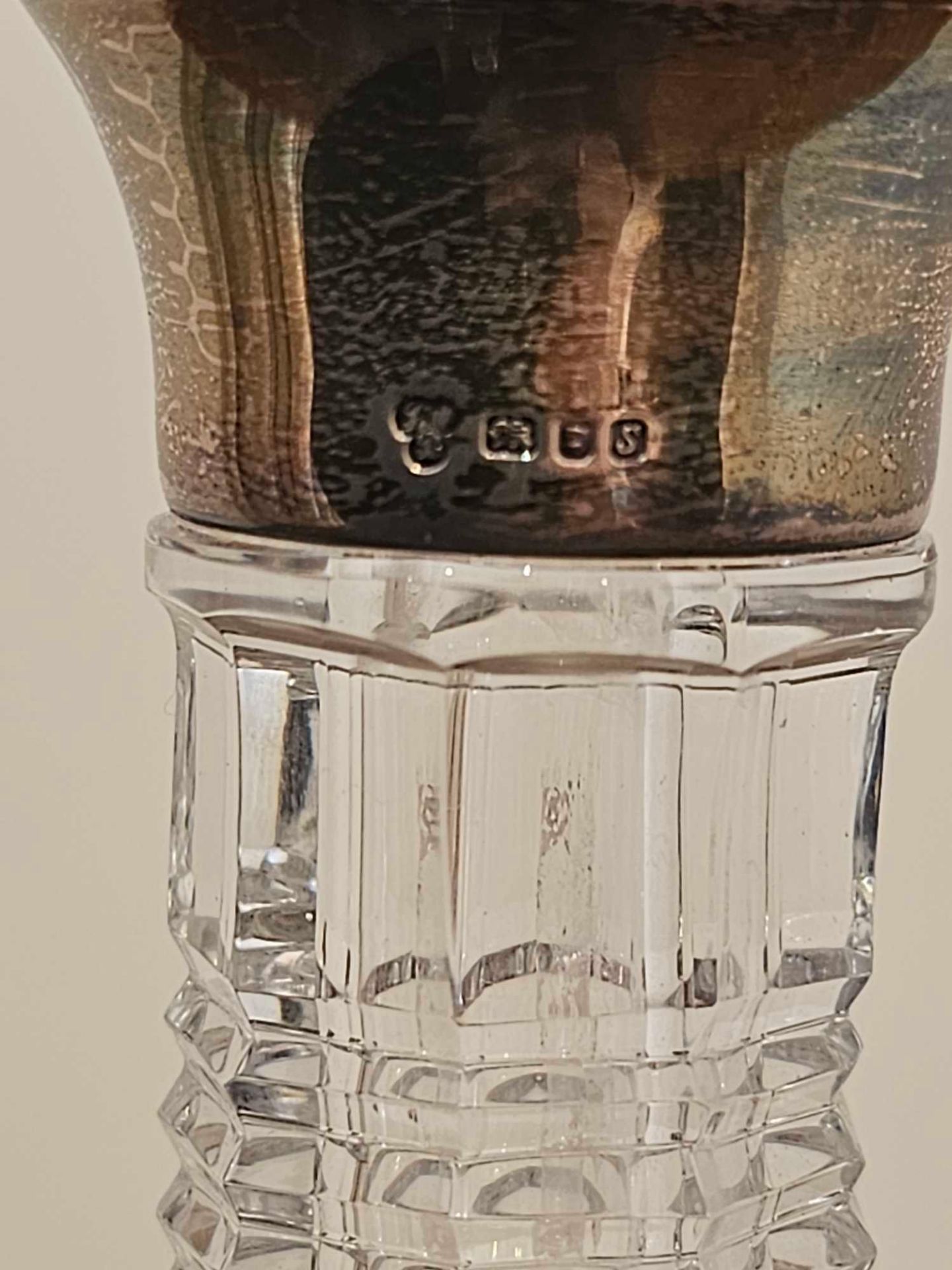 A Glass Cut Decanter With Stopper Of Bottle Form With Silver Assay Marked Collar London 1973 32cm - Image 9 of 10