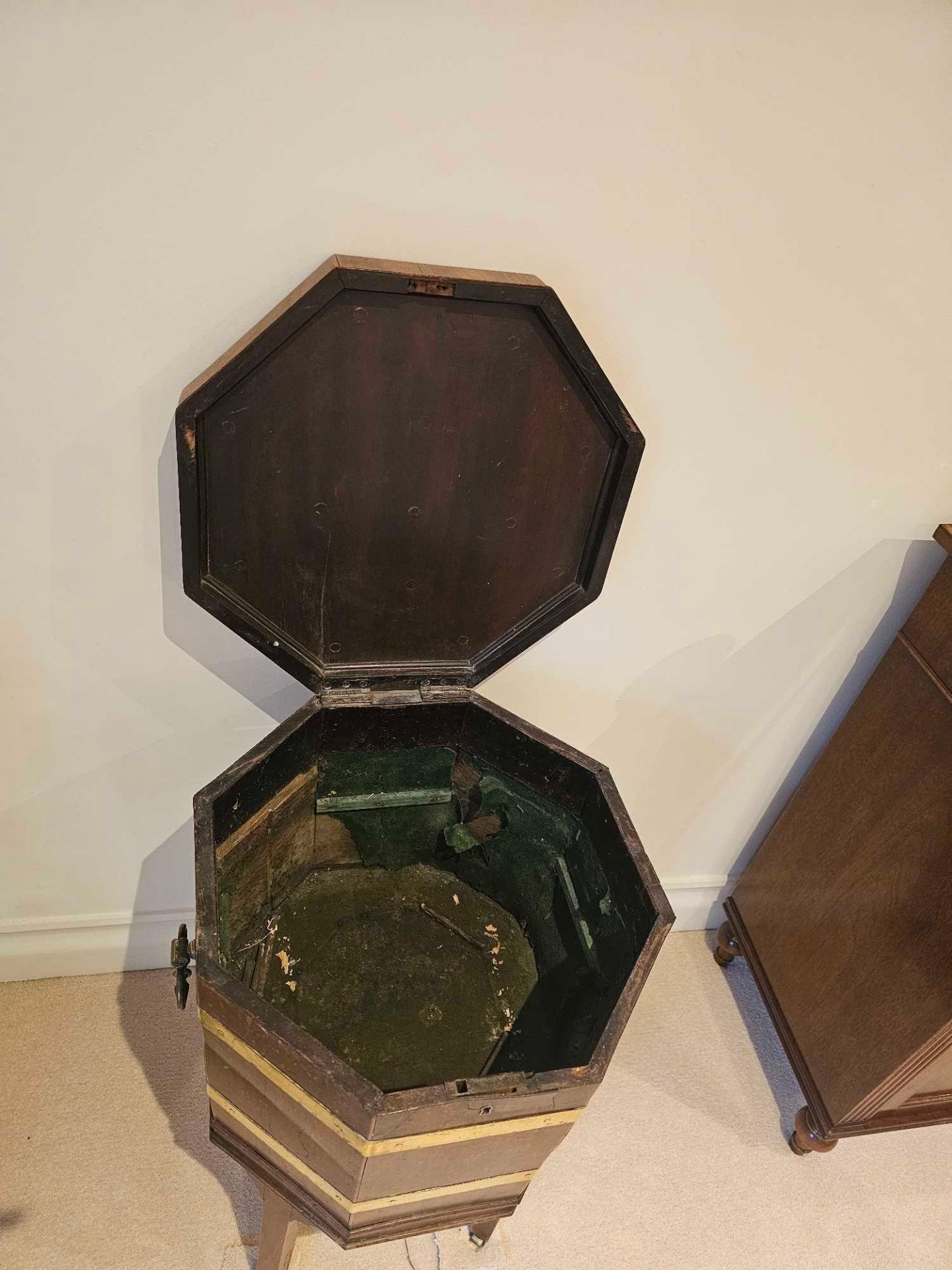 A George III Mahogany Octagonal Brass Bound Wine Cooler On Its Original Stand With Hinged Top The - Image 6 of 8