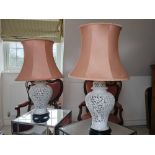 A Pair Of Blanc De Chine Table Lamp Pierced Body In The Form Of Cherry Blossom Porcelain With Shades