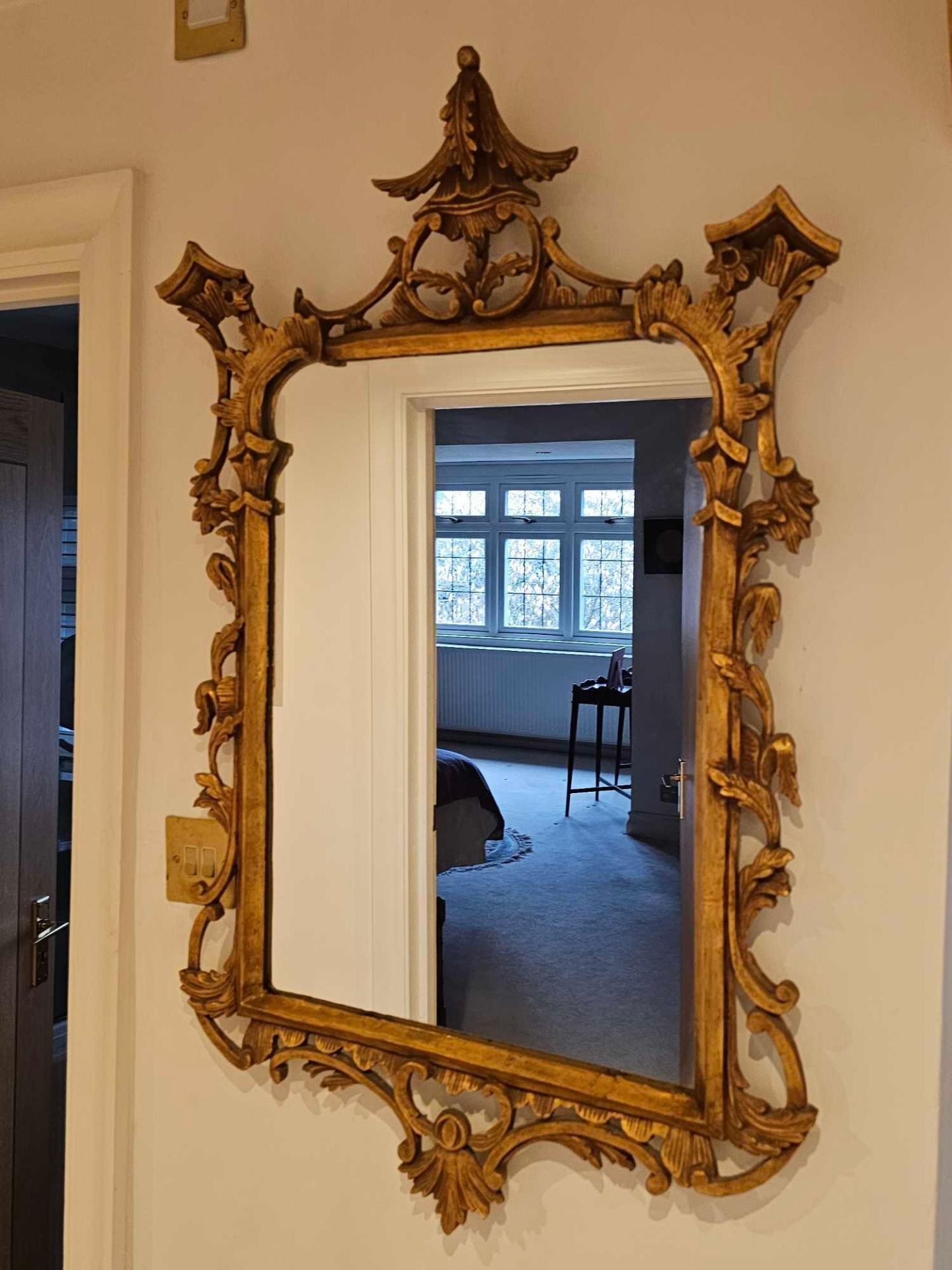 18th Century Style Carved Giltwood Chinese Chippendale Mirror Having C-Scroll Acanthus And Flower