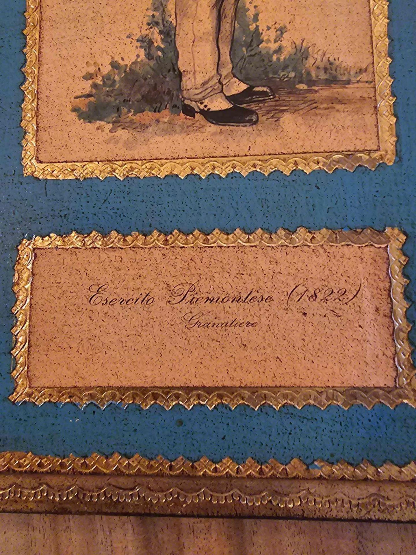 A Set Of 3 X Vintage Esercito Piemontese Italian Soldiers 1822 Prints On Wooden Plaques 20 X 52cm - Image 2 of 4