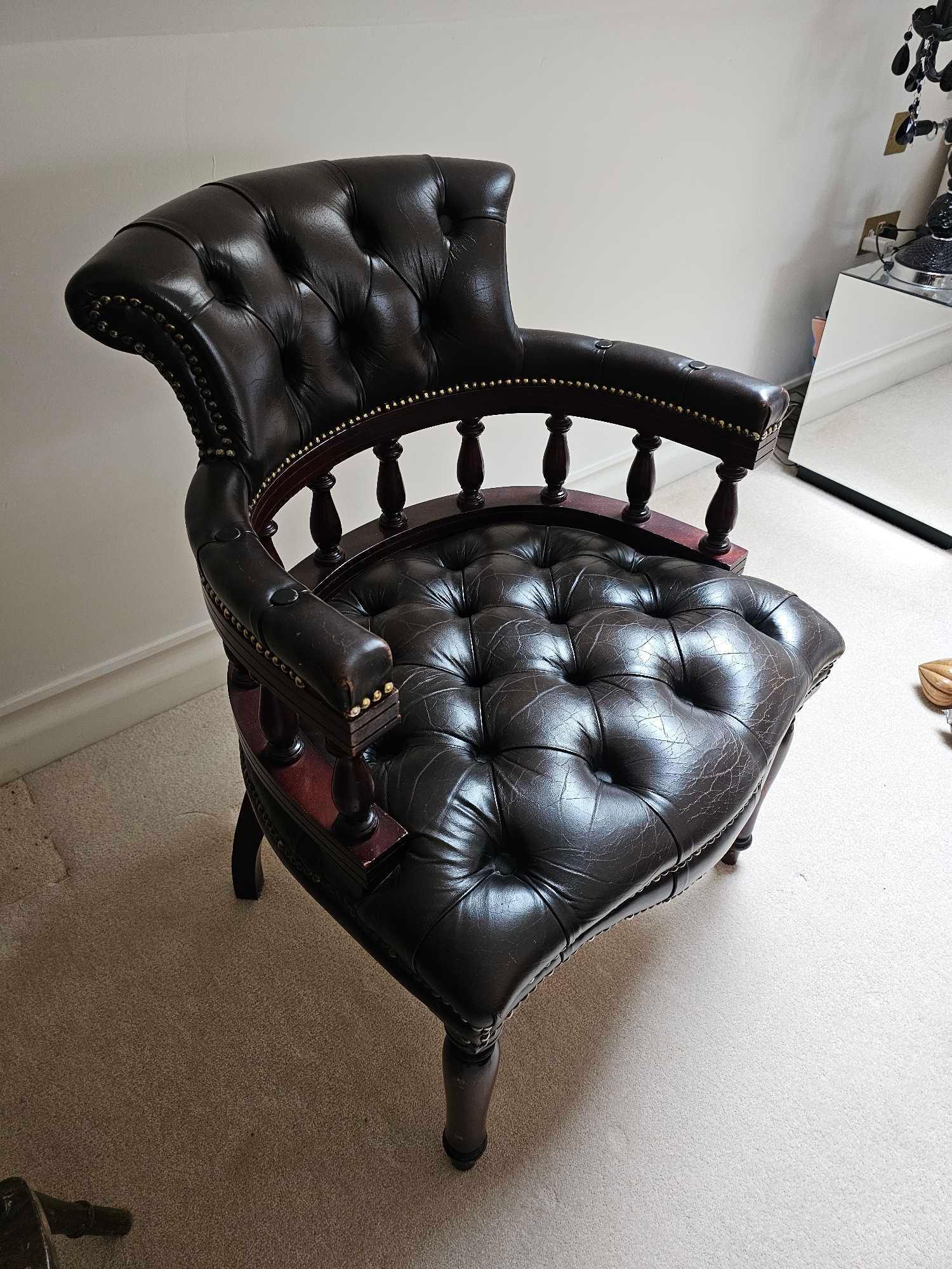 Victorian Leather Tufted Desk Chair With A Galleried Bold Turned Rails Between The Seat & The Curved - Image 3 of 4