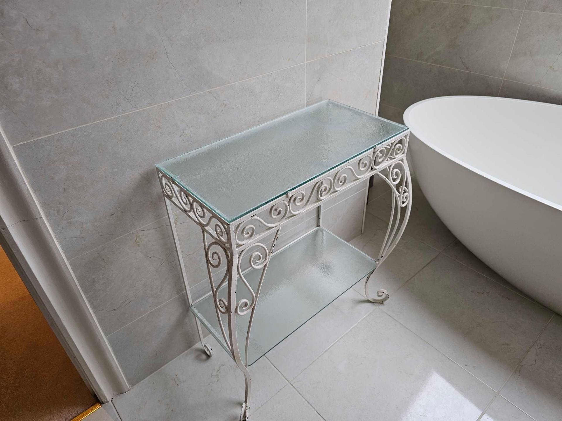 A Cast Metal Scroll Work Painted Console Table With Opaque Glass Top And Undertier 60 X 30 X 74cm - Image 3 of 3