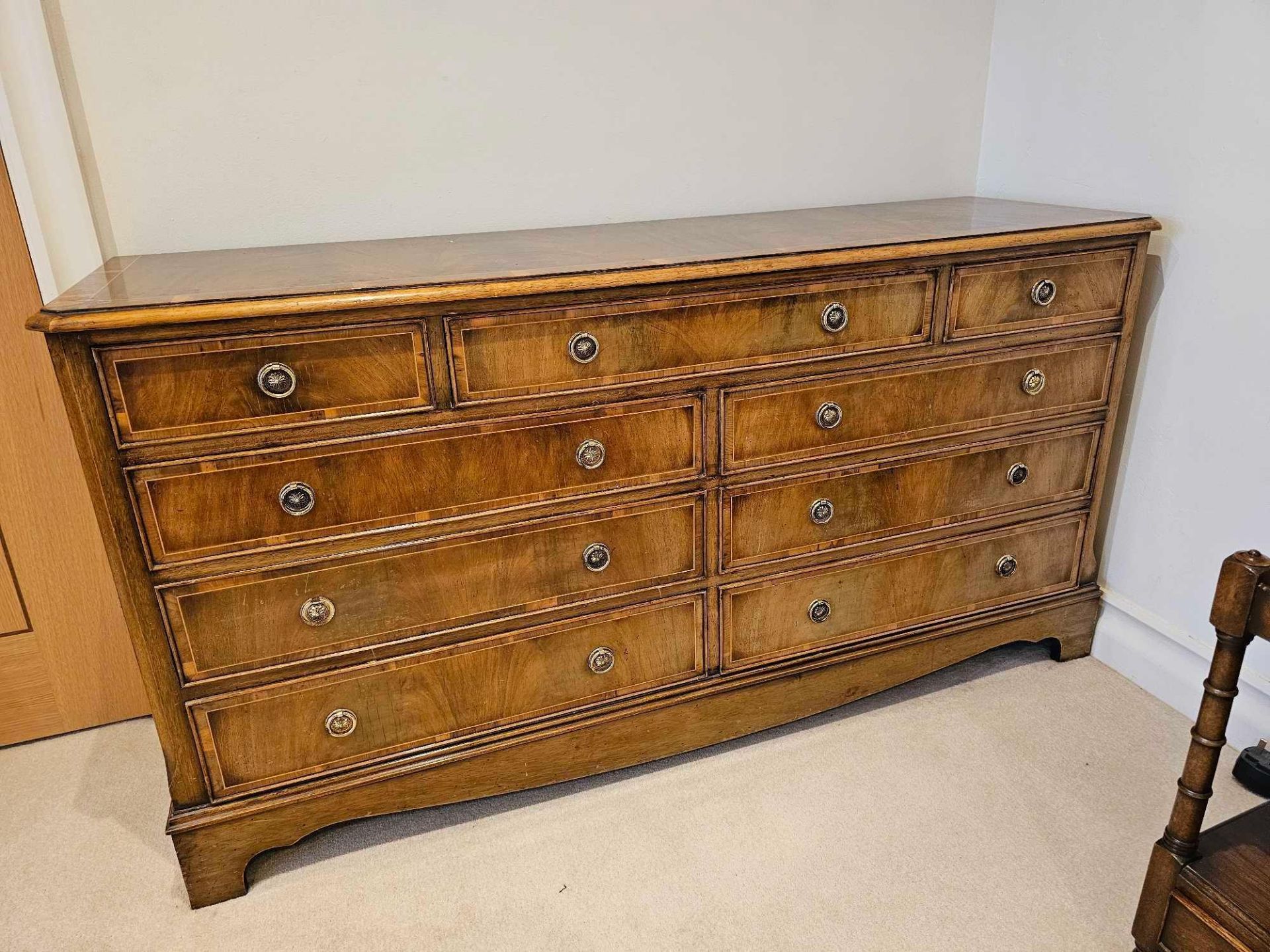 A George III Style Walnut Banded Nine Drawer Bank Of Drawers The Canted Rectangular Top Over An - Image 2 of 5