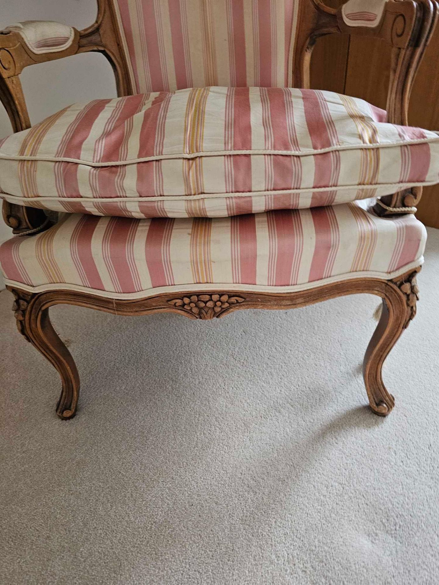 A Louis XV Style Beechwood Fauteuil The Shaped Rectangular Back With Floral Cresting, Striped - Image 4 of 5