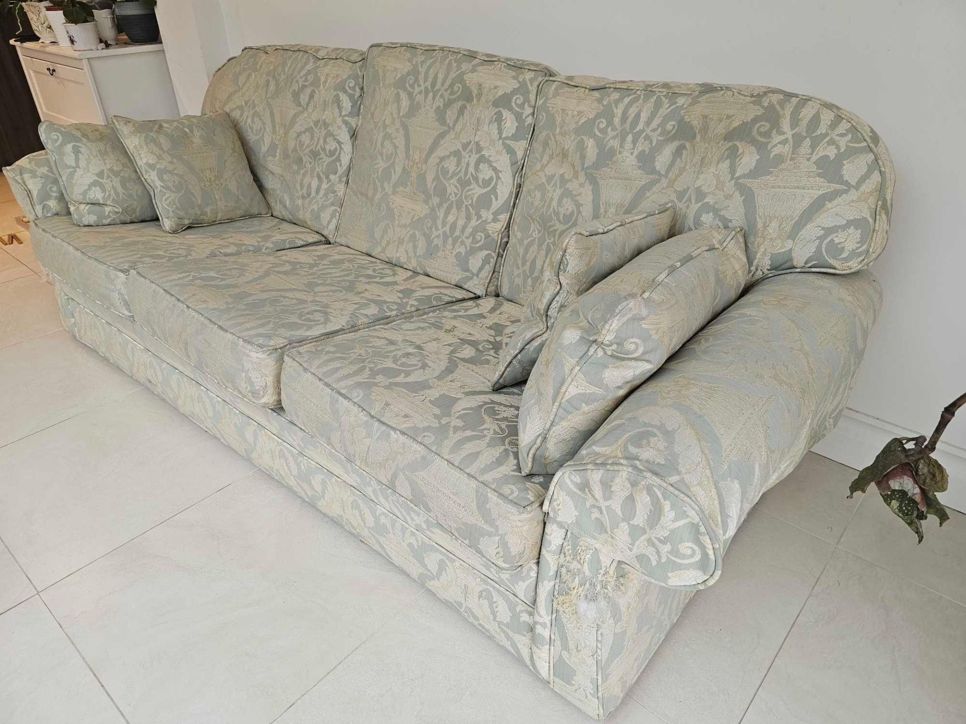A Peter Guild Upholstered Three Seater Sofa In Damask Embossed Pattern Mint And Gold 235 X 87 X 95cm - Image 4 of 7