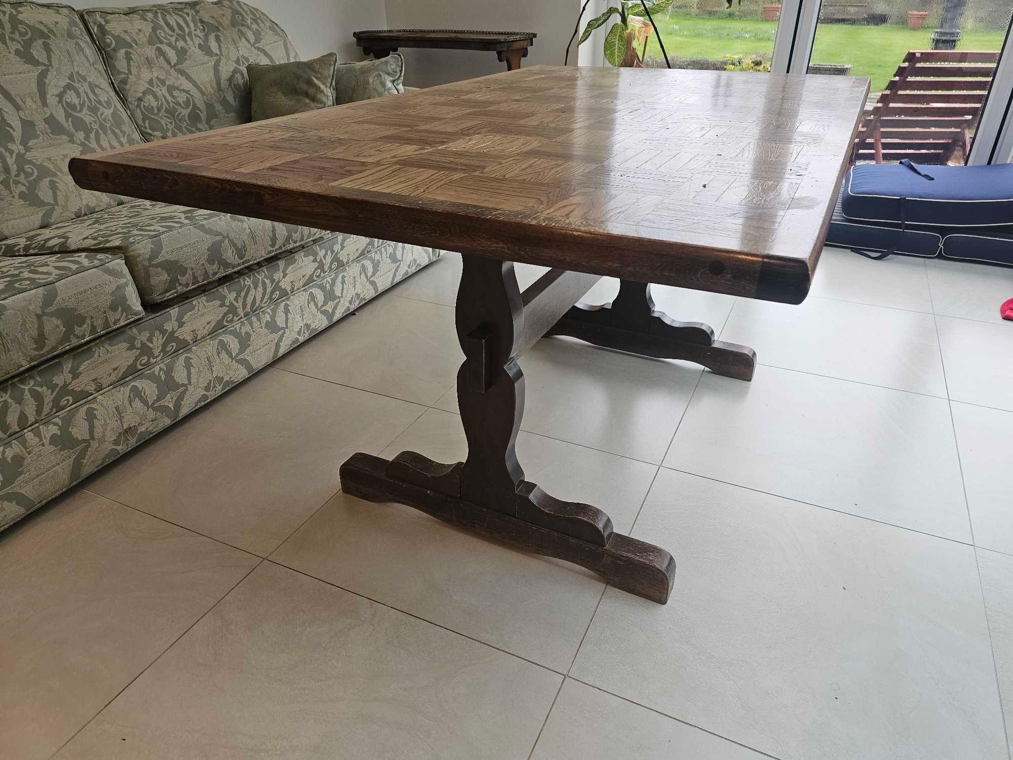 An Oak Trestle Dining Table With Parquetry Lattice Top 150 X 92 X 74cm - Image 3 of 5