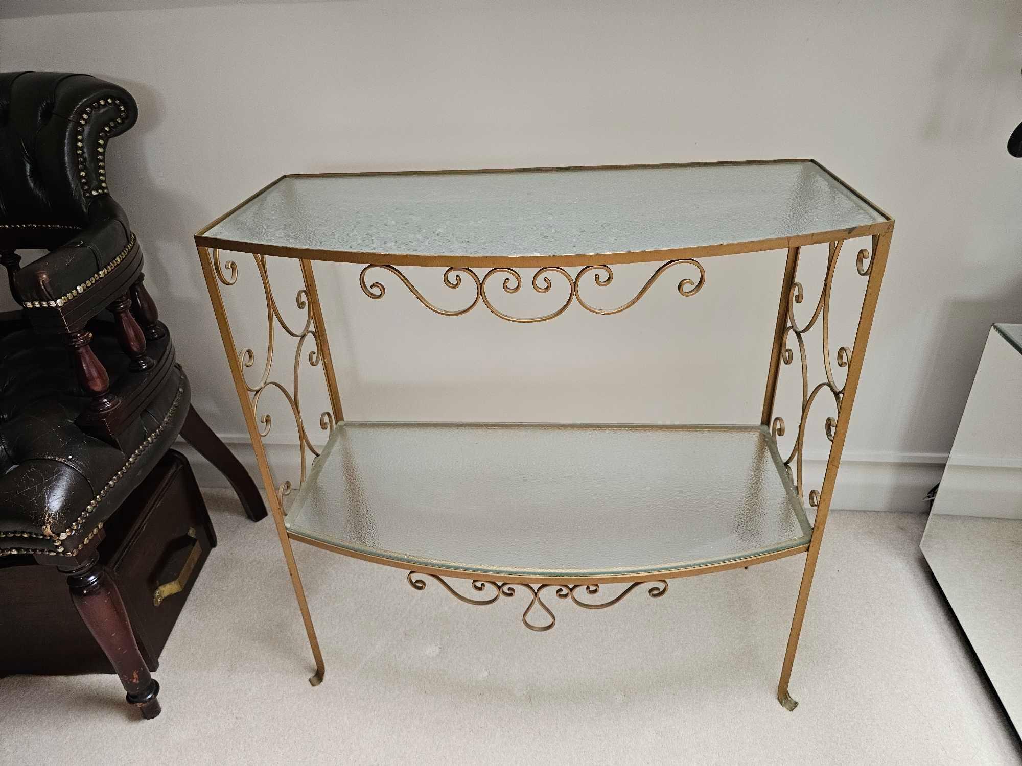 A Cast Metal Scroll Work Painted Console Table With Opaque Glass Top And Under Tier 74 X 36 X 75cm