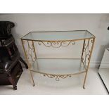 A Cast Metal Scroll Work Painted Console Table With Opaque Glass Top And Under Tier 74 X 36 X 75cm
