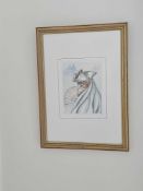 Franco Dei Rossi Soft-Focus Impressionist Print Of A Cat With Cloak, Hat And Fan In Venetian Scene
