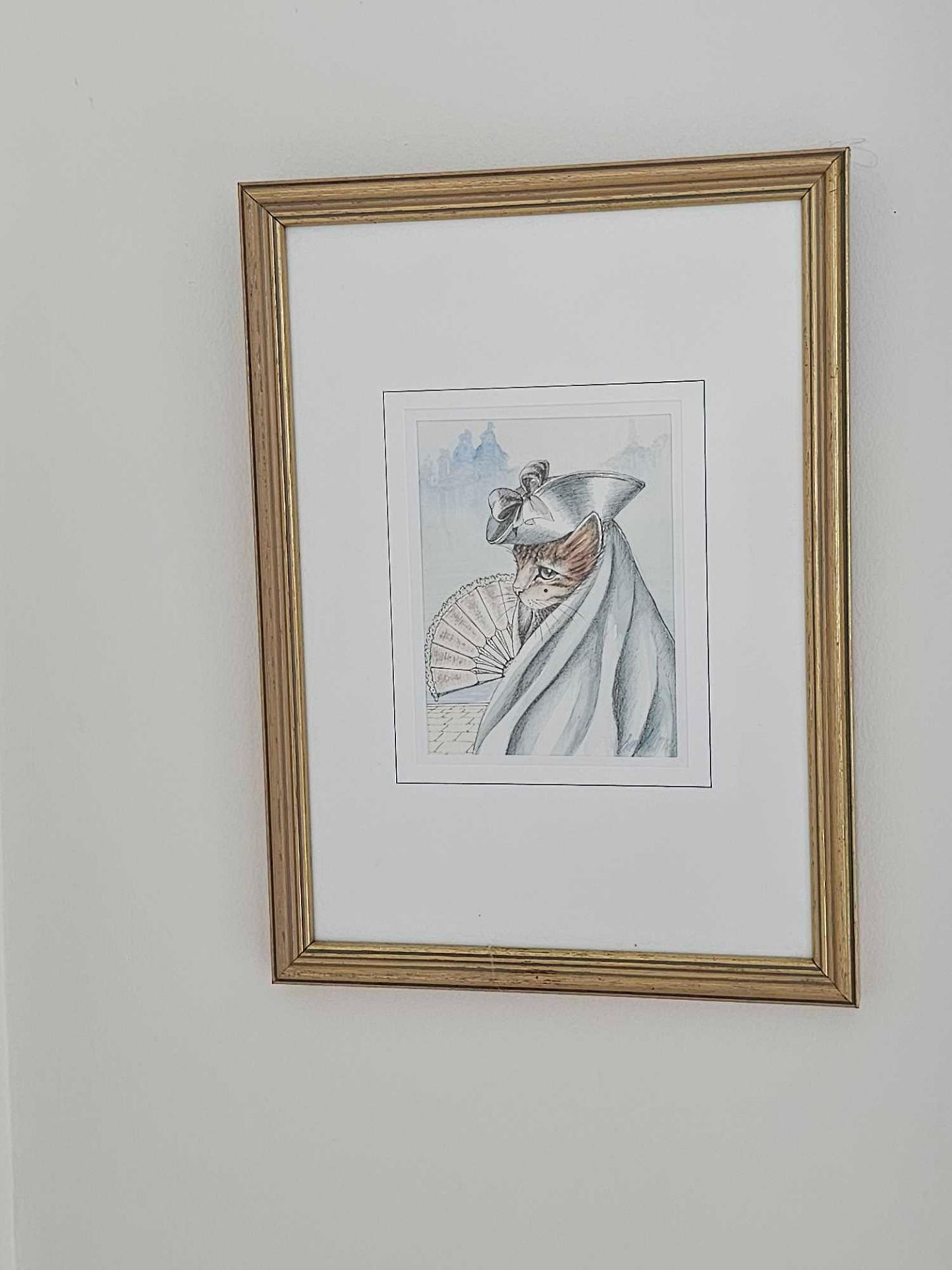 Franco Dei Rossi Soft-Focus Impressionist Print Of A Cat With Cloak, Hat And Fan In Venetian Scene