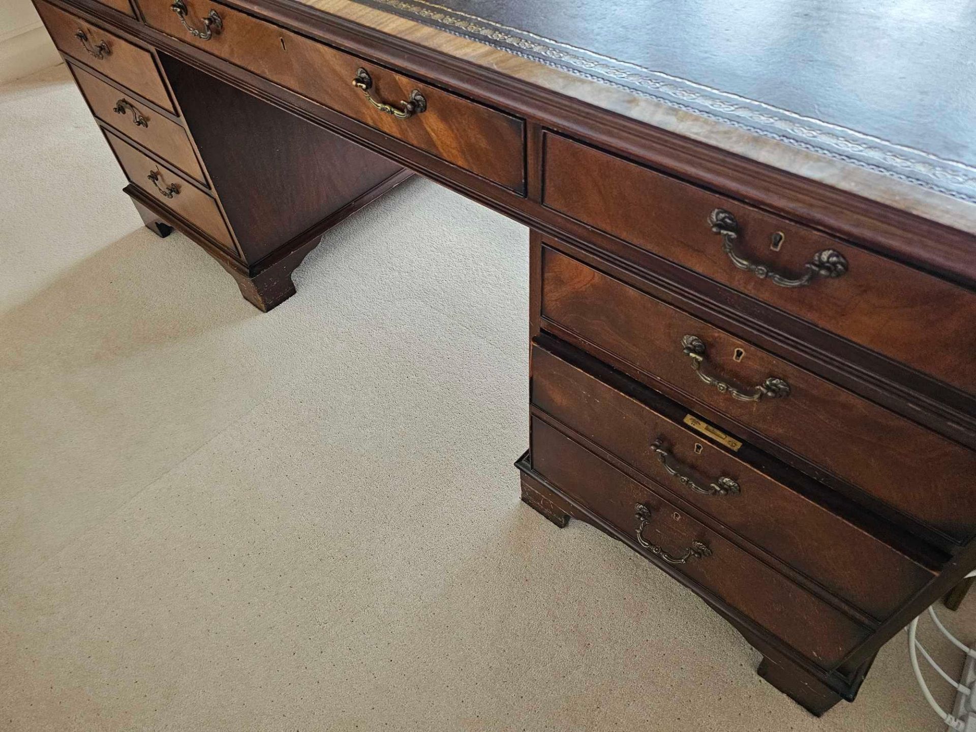 A George III Style Double Sided Walnut Partner Desk The Shaped Top With Leather Inset Top And - Image 6 of 8