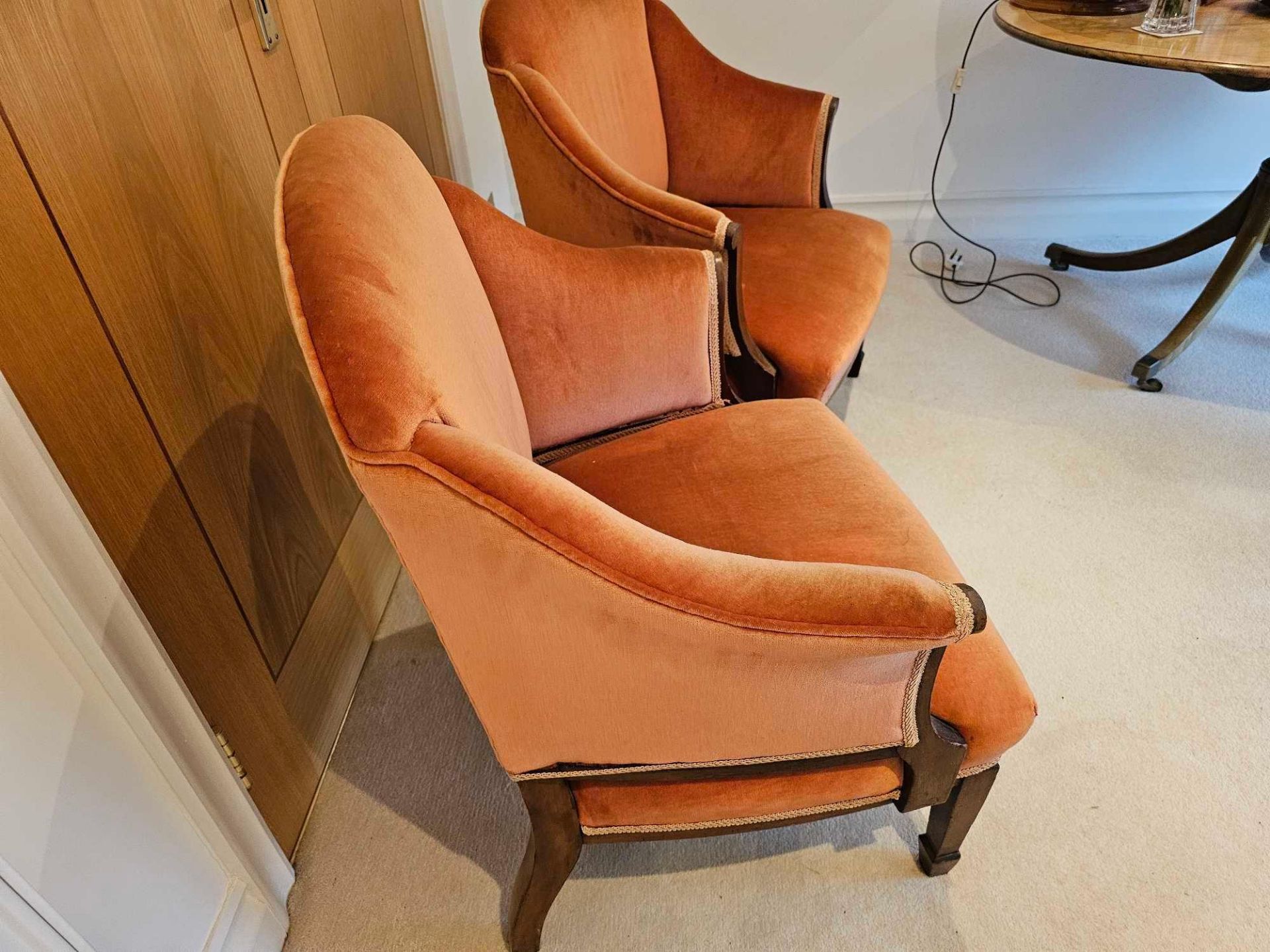 A Pair Of Edwardian Mahogany And Boxwood Strung BergÃ¨res Each Upholstered With Low Rectangular - Image 5 of 6