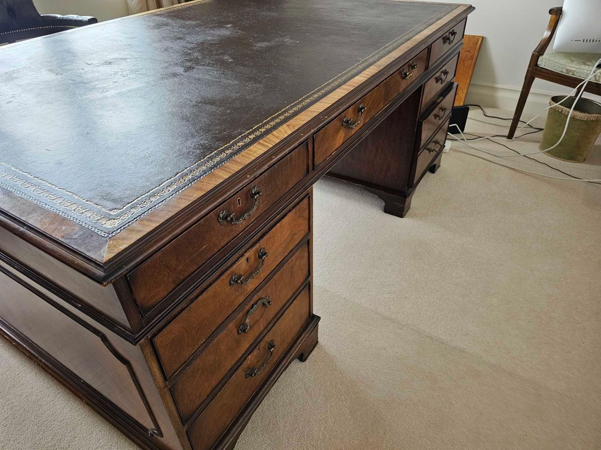 A George III Style Double Sided Walnut Partner Desk The Shaped Top With Leather Inset Top And - Image 5 of 8