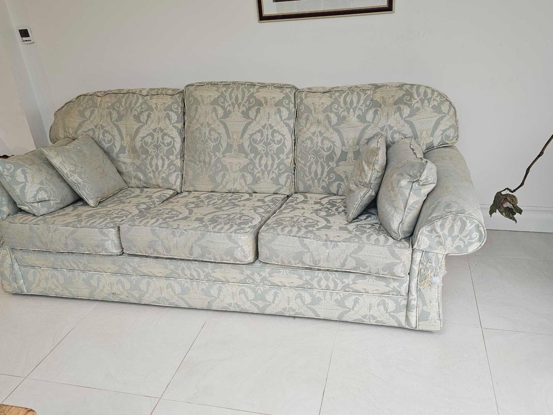 A Peter Guild Upholstered Three Seater Sofa In Damask Embossed Pattern Mint And Gold 235 X 87 X 95cm - Image 2 of 7