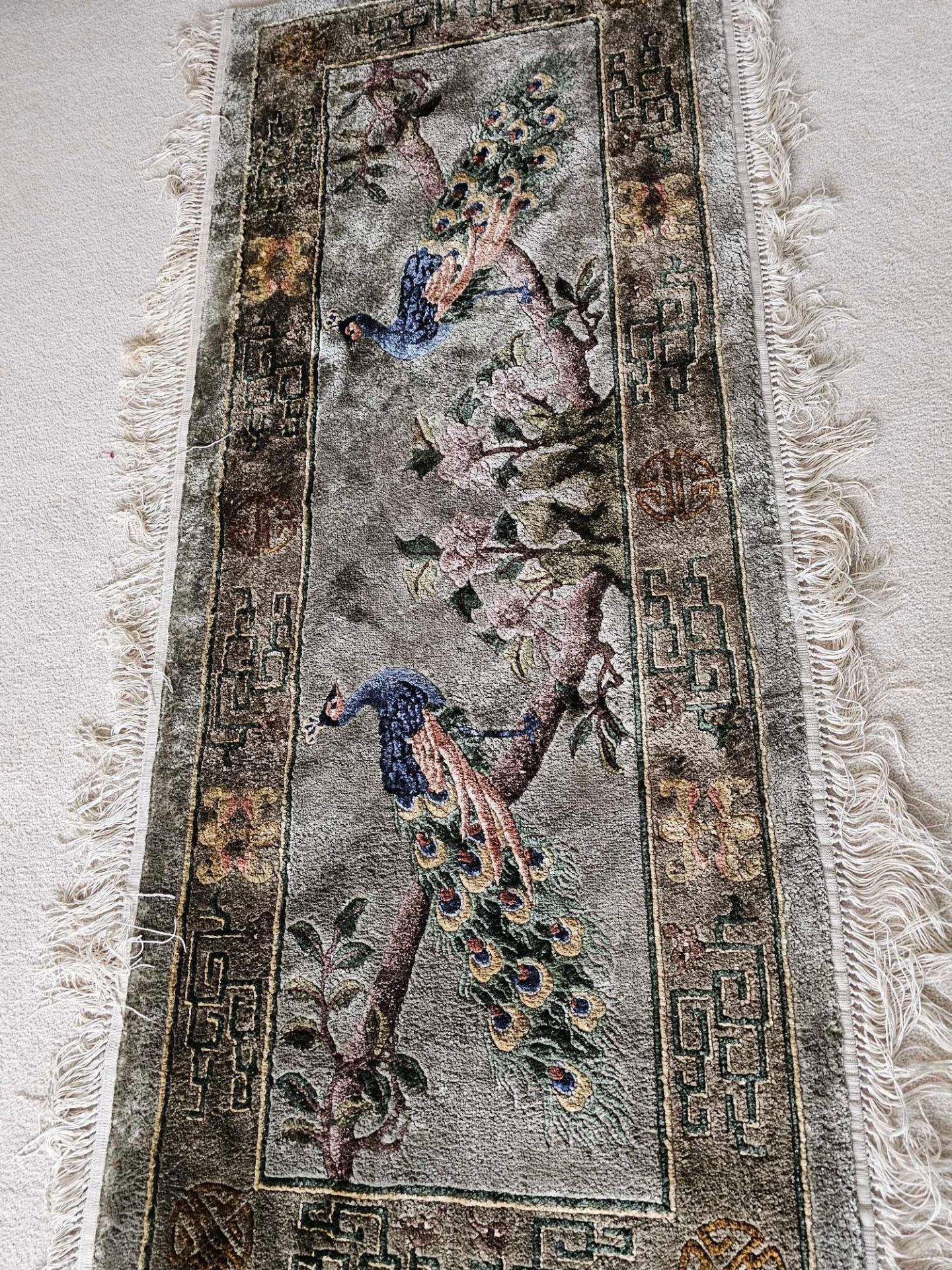 A Vintage Oriental Superwash Wool Rug Green Field With Floral And Peacock Design With Fringe 150 X - Image 3 of 3