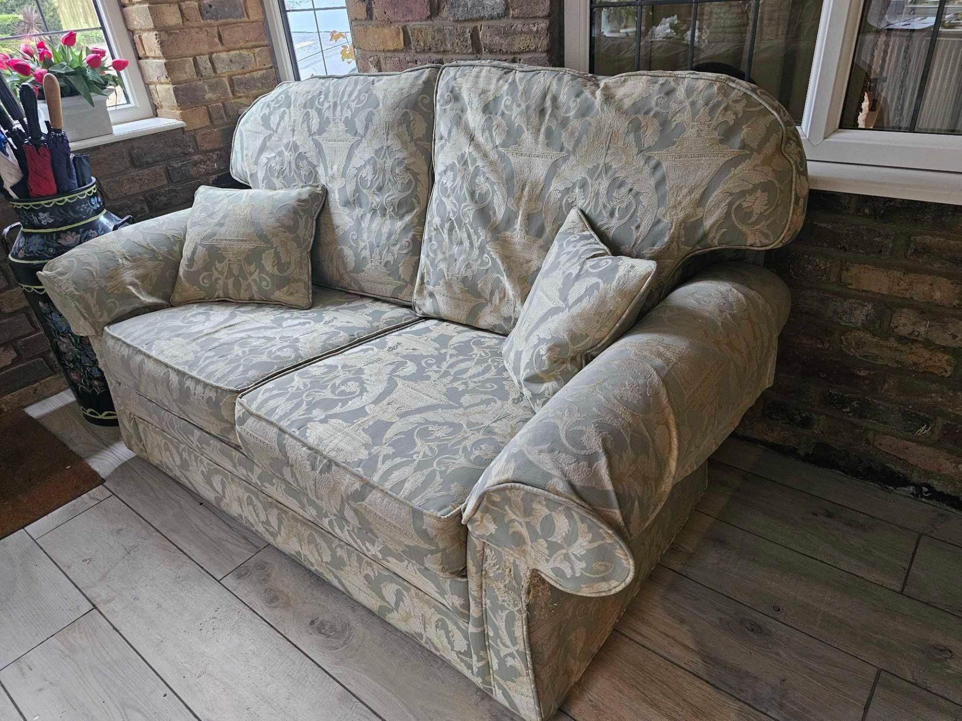 A Peter Guild Upholstered Two Seater Sofa In Damask Embossed Pattern Mint And Gold 160 X 87 X 95cm - Image 3 of 6