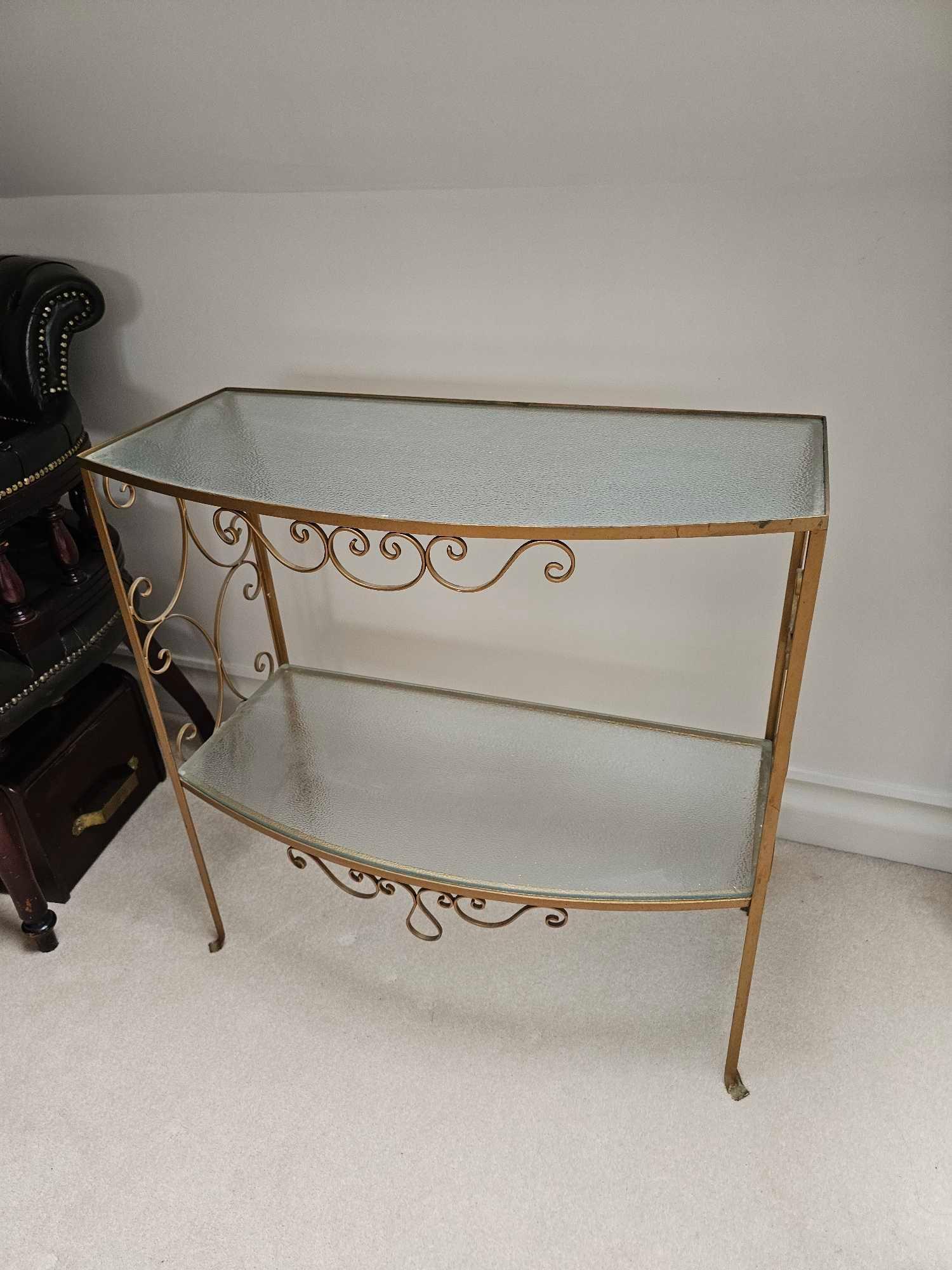 A Cast Metal Scroll Work Painted Console Table With Opaque Glass Top And Under Tier 74 X 36 X 75cm - Image 2 of 4