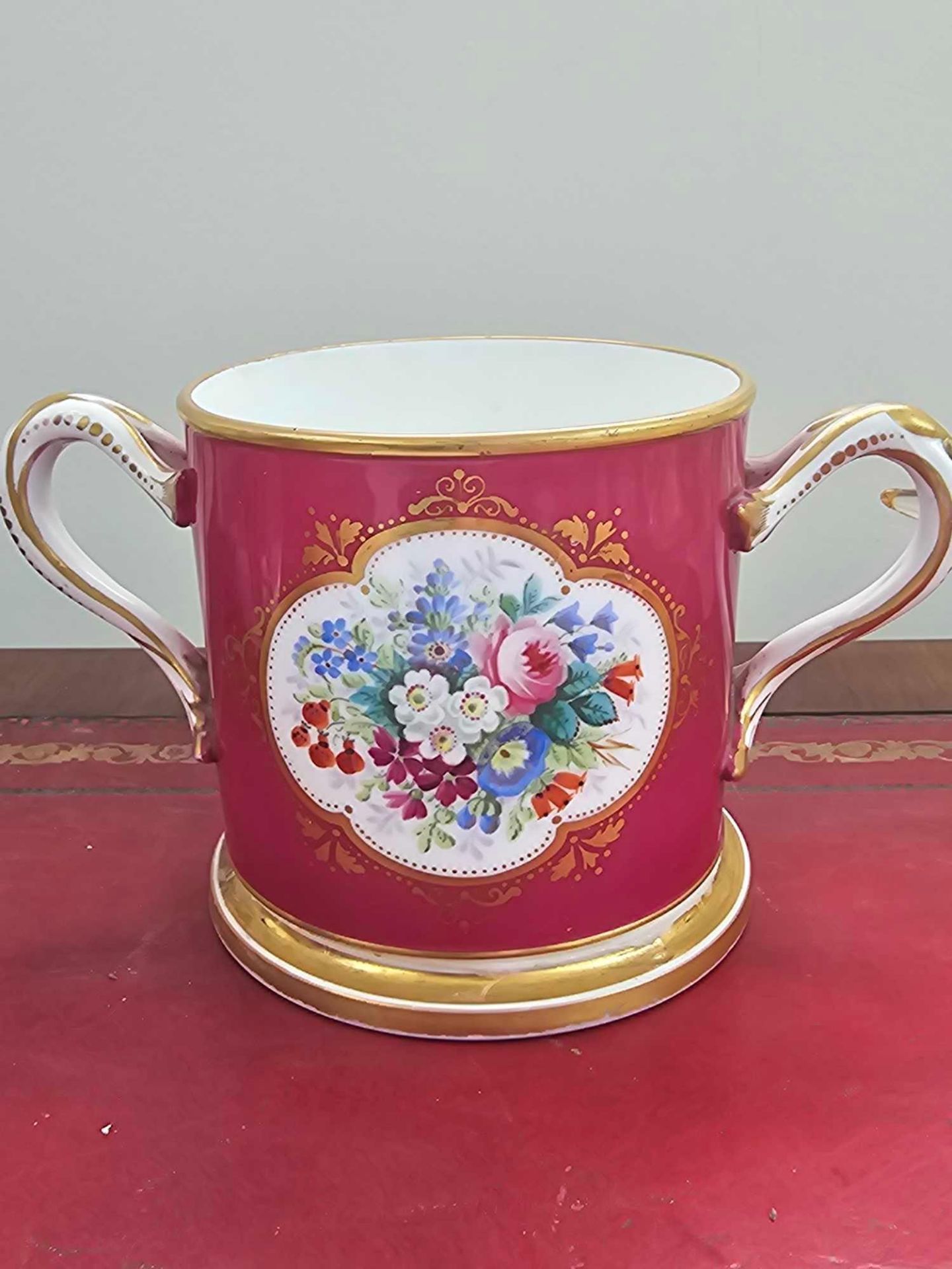 A Victorian Porcelain Loving Cup Claret Ground Reserve With Quatre Lobed Panel Of A Spray Of Flowers - Image 2 of 2