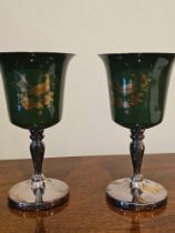 Mappin And Webb Pair Of Green And White Enamel Pheasant Goblets: 15cm