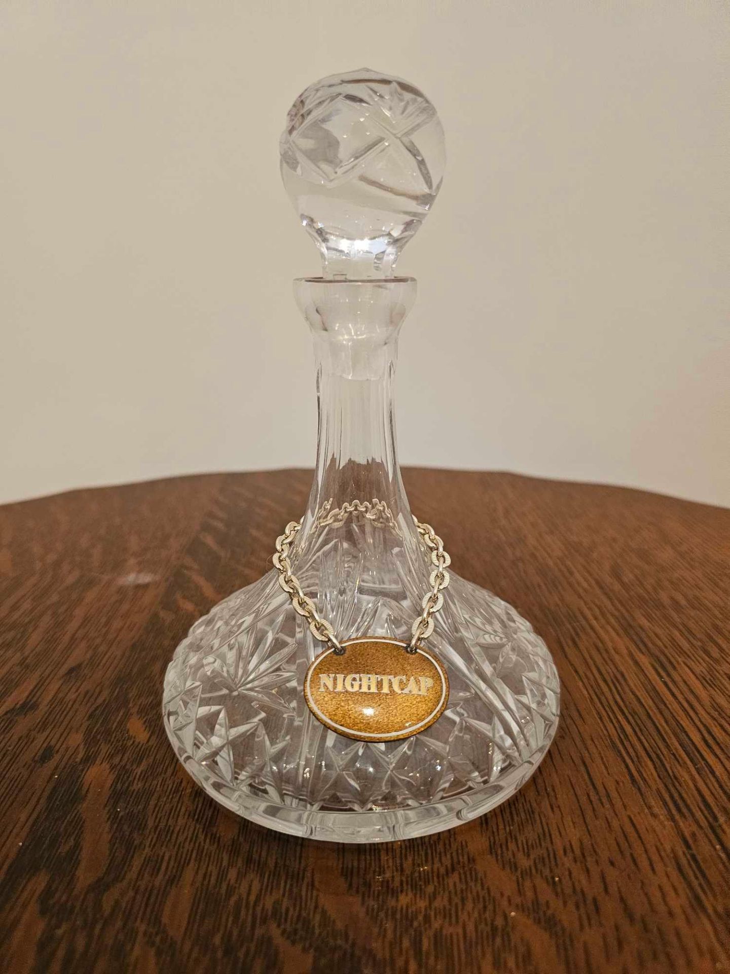 A Small Ship Style Crystal Decanter With Nightcap Plaque 17cm