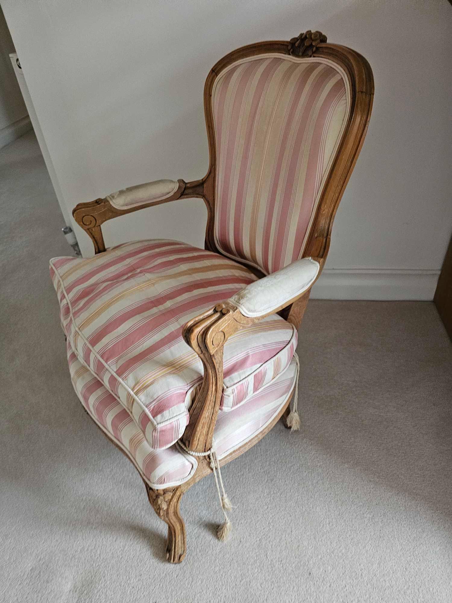 A Louis XV Style Beechwood Fauteuil The Shaped Rectangular Back With Floral Cresting, Striped - Image 3 of 5