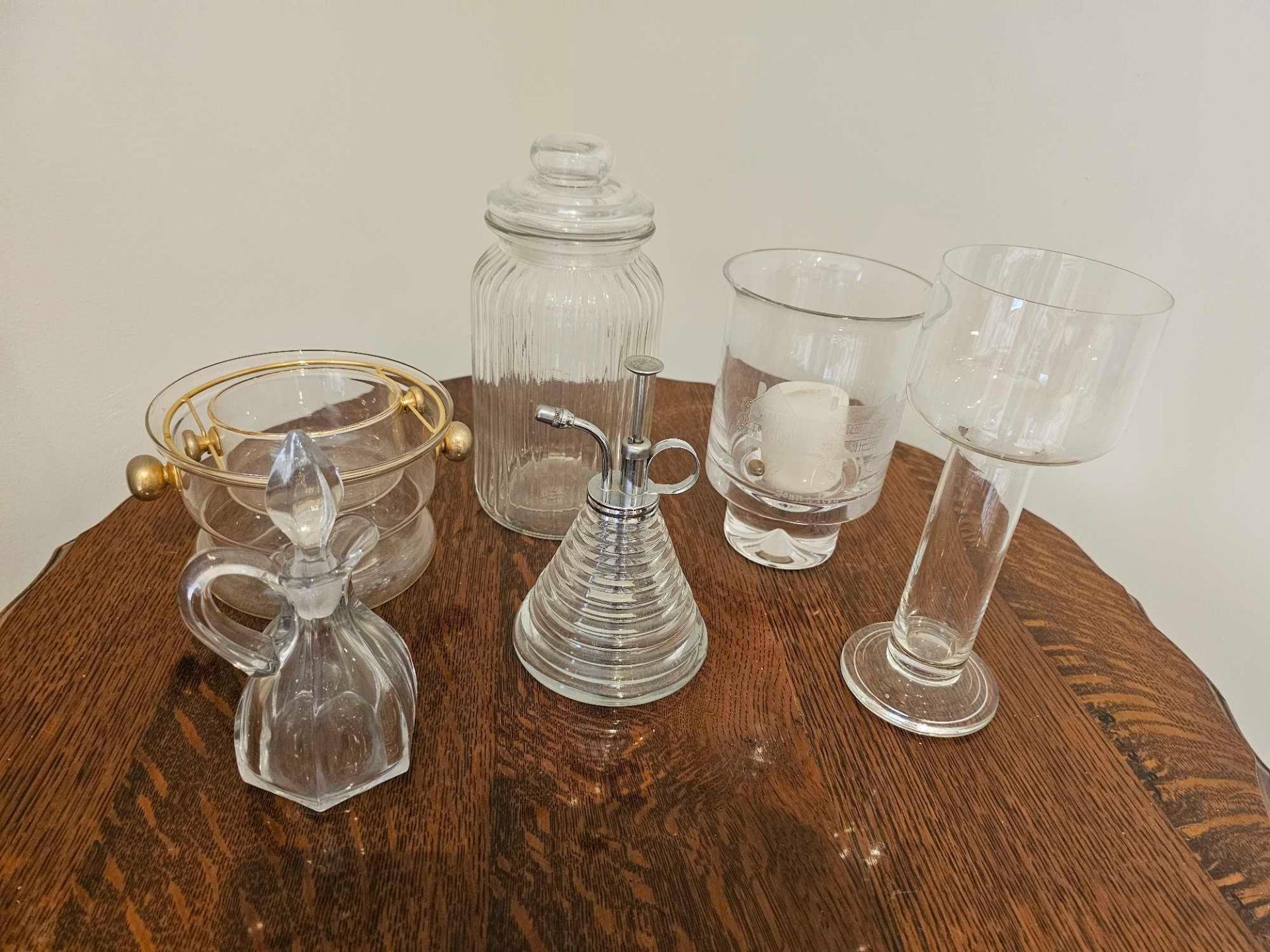 A Selection Of Glass Objets To Include A Rose Vaporiser, Biscuit Jar, Vinaigrette Bottle And