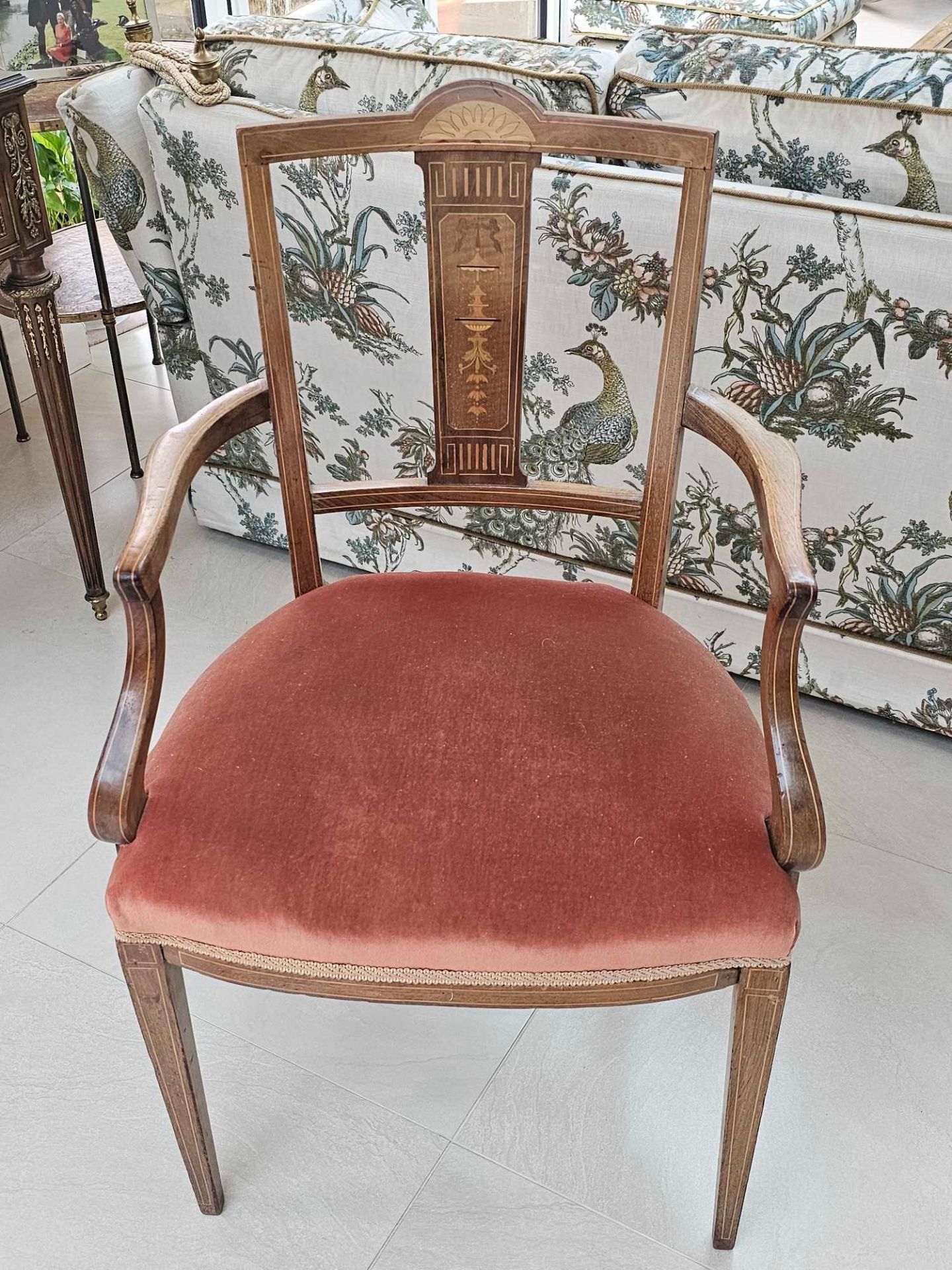 An Edwardian Mahogany Boxwood Strung Inlaid Open Armchair With A Foliate Inlaid Splat Stuff Over - Image 2 of 5