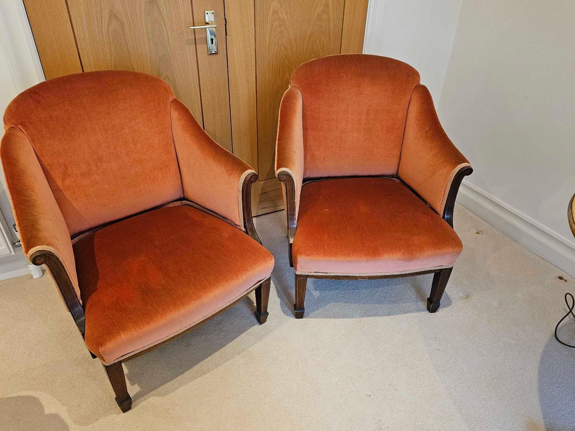 A Pair Of Edwardian Mahogany And Boxwood Strung BergÃ¨res Each Upholstered With Low Rectangular - Image 3 of 6