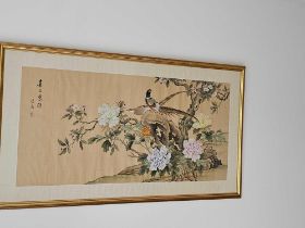 A Decorative Chinese Watercolour On Silk Of Two Exotic Birds Upon Rockwork, Flanked By Peony Blooms,