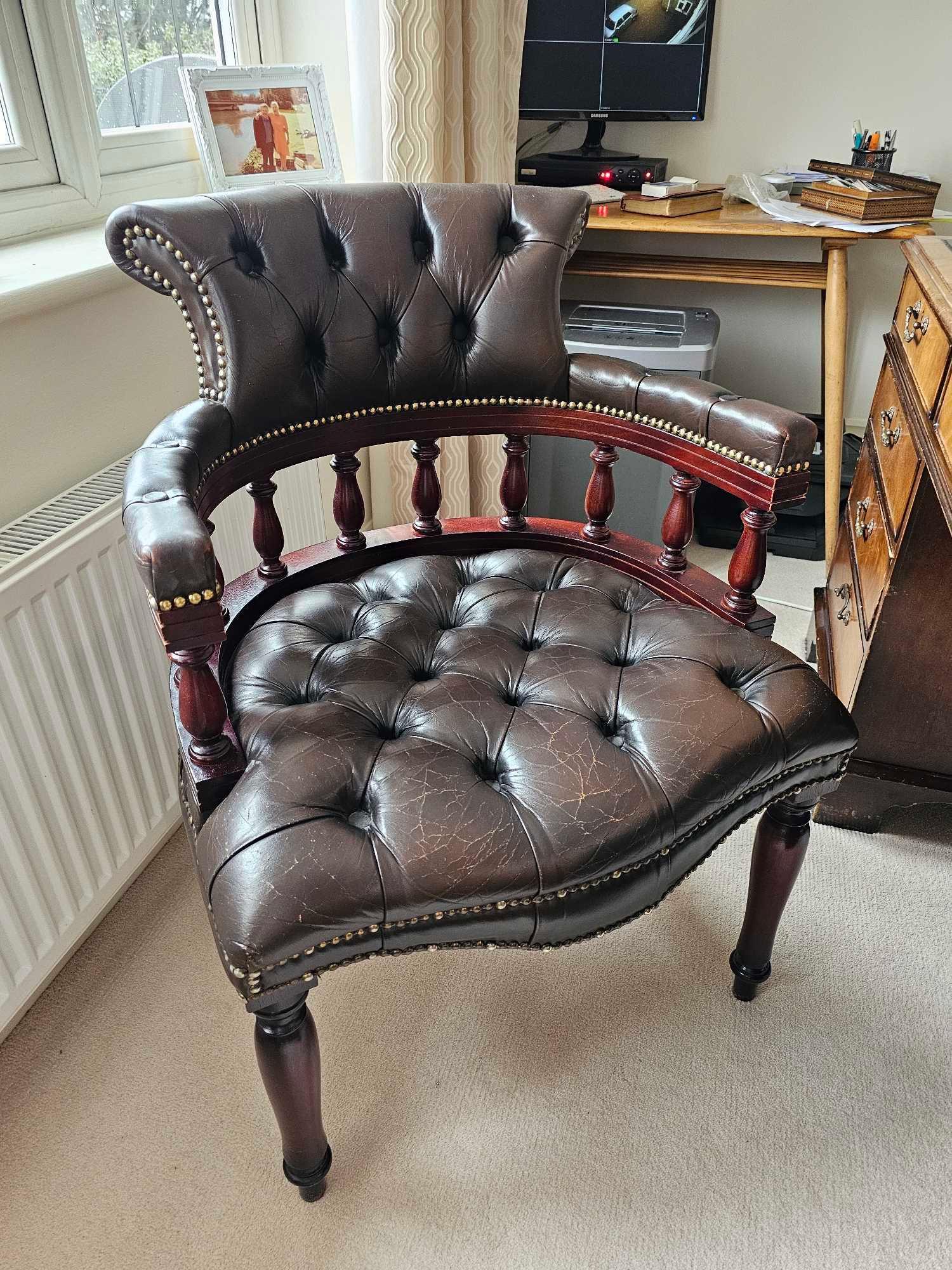 Victorian Leather Tufted Desk Chair With A Galleried Bold Turned Rails Between The Seat & The Curved - Image 3 of 6