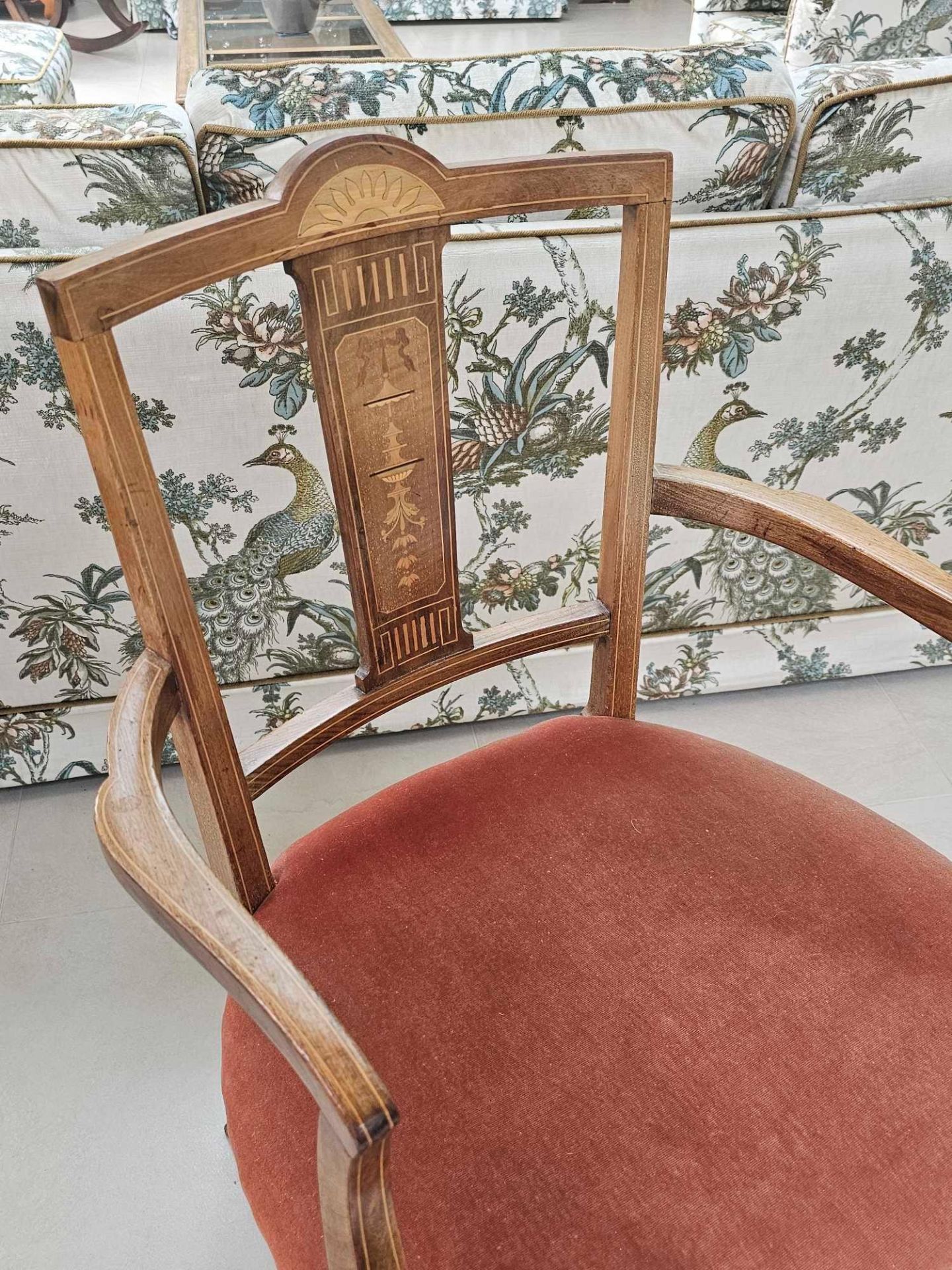 An Edwardian Mahogany Boxwood Strung Inlaid Open Armchair With A Foliate Inlaid Splat Stuff Over - Image 4 of 5