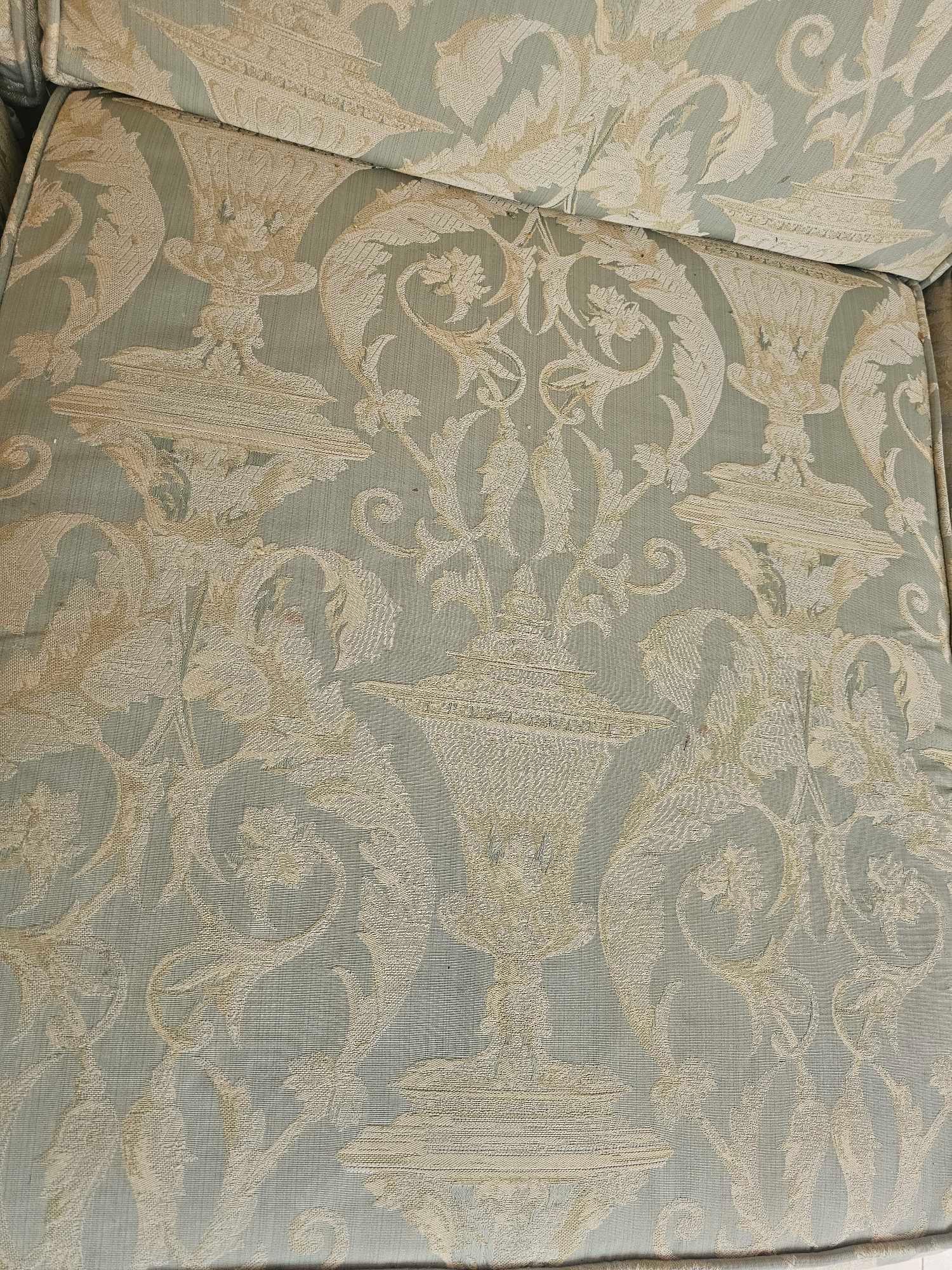 A Peter Guild Upholstered Three Seater Sofa In Damask Embossed Pattern Mint And Gold 235 X 87 X 95cm - Image 6 of 7