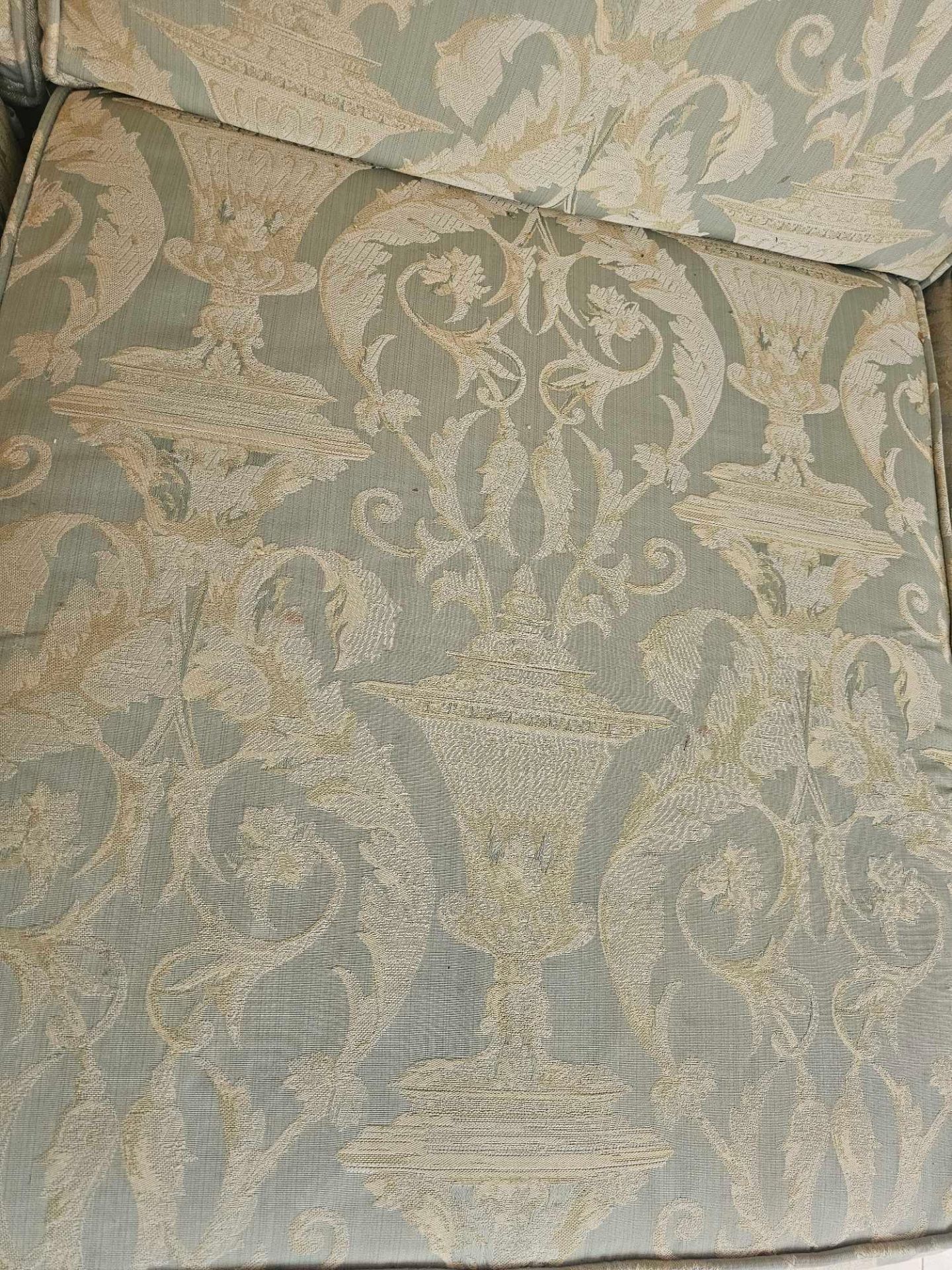 A Peter Guild Upholstered Three Seater Sofa In Damask Embossed Pattern Mint And Gold 235 X 87 X 95cm - Image 6 of 7