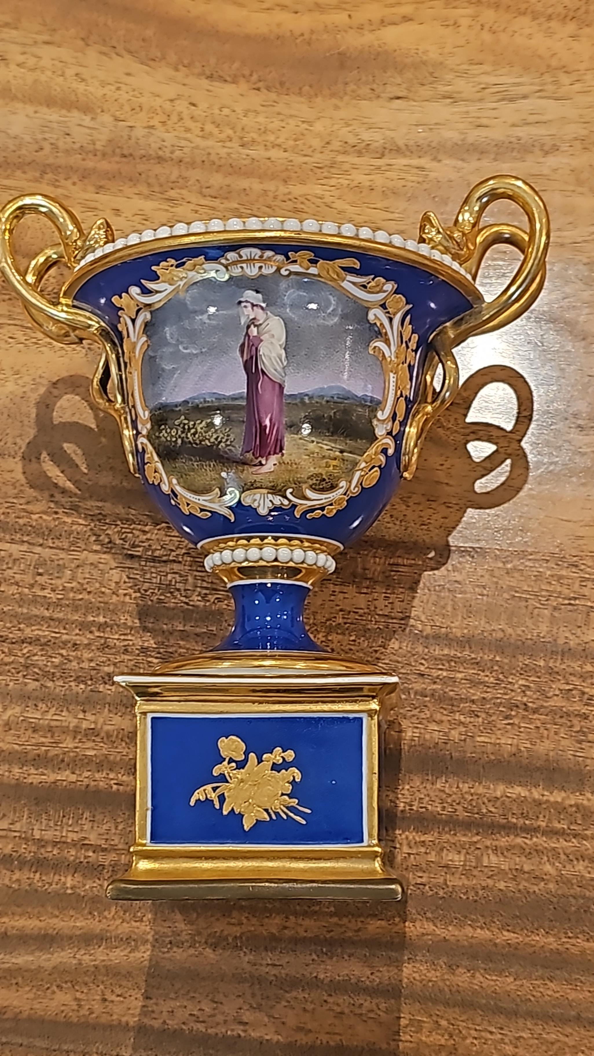 A Sevres Style Porcelain Cobalt And Gold Painted Urn Inscribed Under The Task Cowper - Image 7 of 17