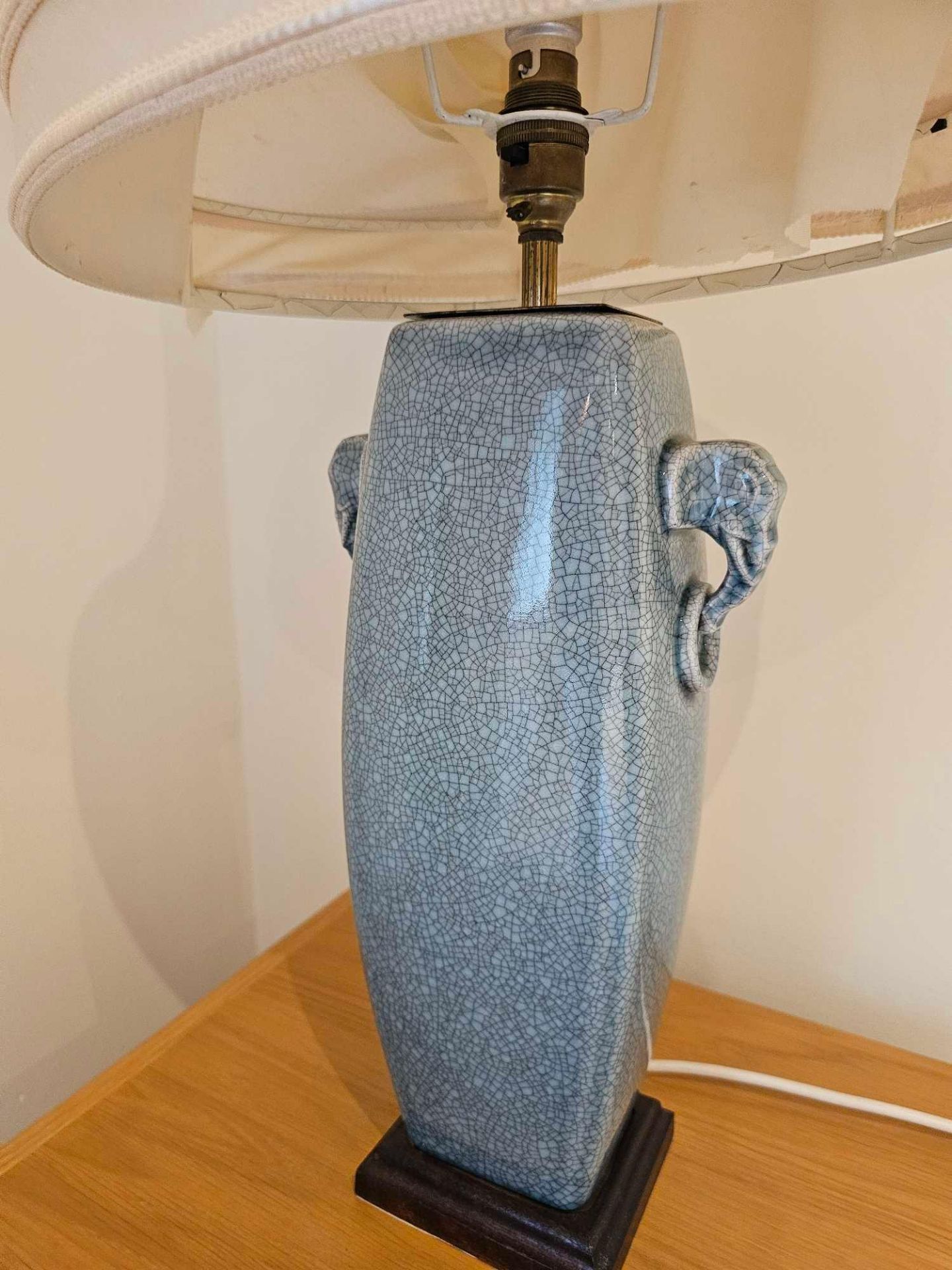 A Pair Of Ceramic Crackle Glazed Tall Table Lamps With Elephant Form Handles On Hardwood Base With - Image 2 of 3