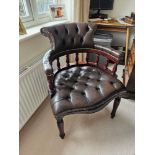 Victorian Leather Tufted Desk Chair With A Galleried Bold Turned Rails Between The Seat & The Curved