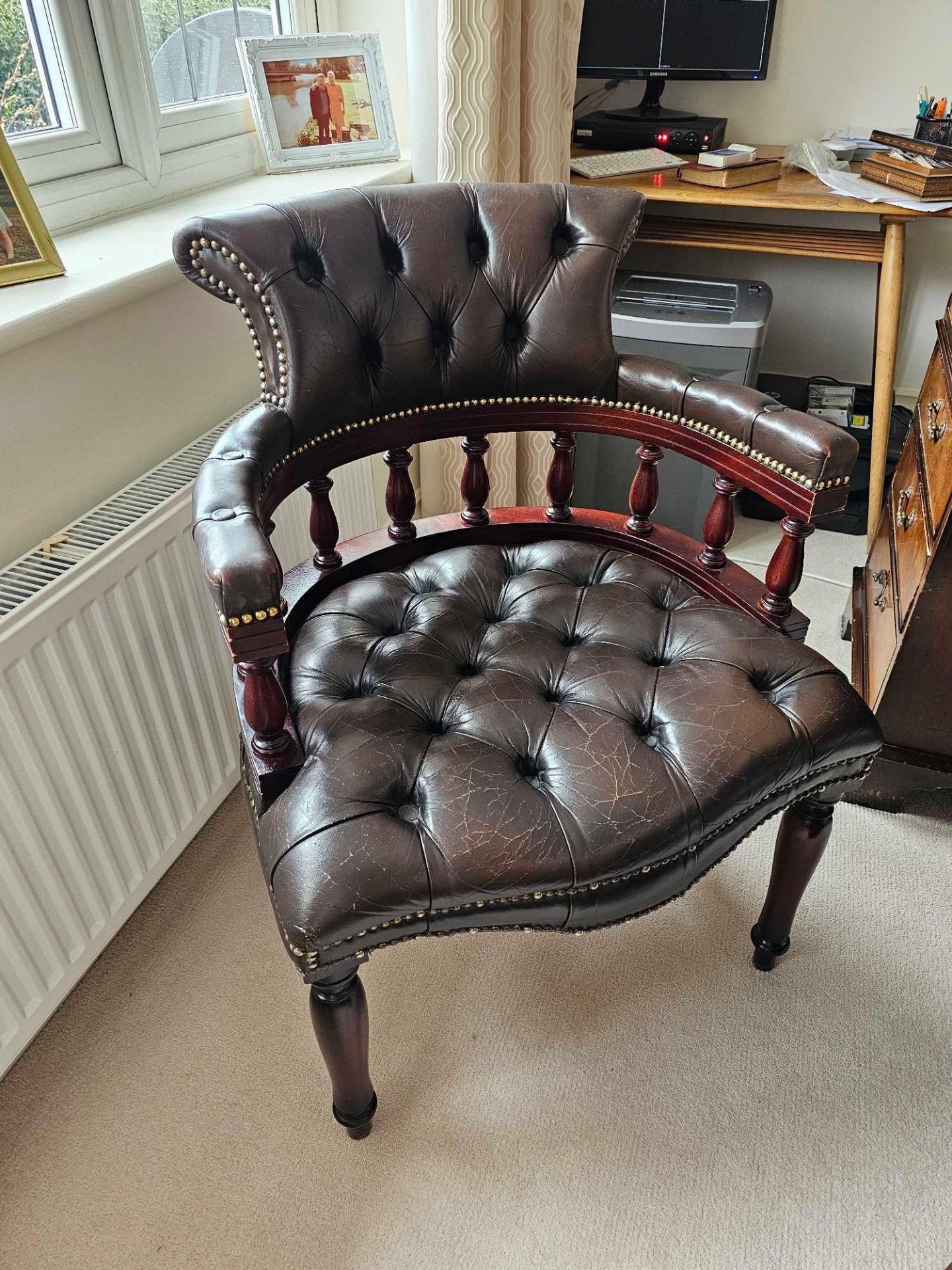 Victorian Leather Tufted Desk Chair With A Galleried Bold Turned Rails Between The Seat & The Curved