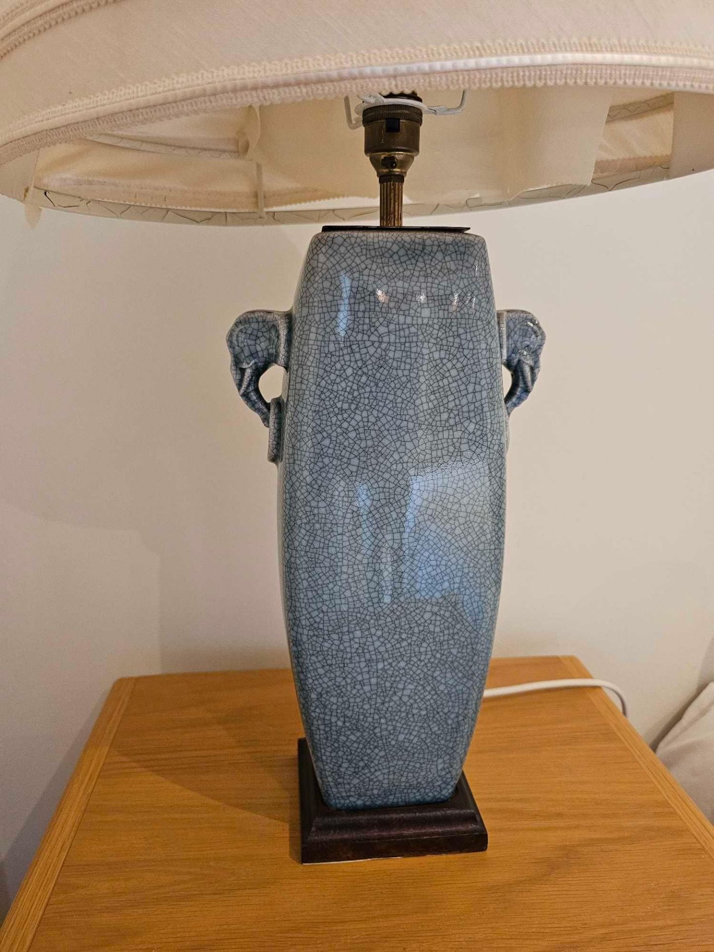A Pair Of Ceramic Crackle Glazed Tall Table Lamps With Elephant Form Handles On Hardwood Base With - Image 3 of 3