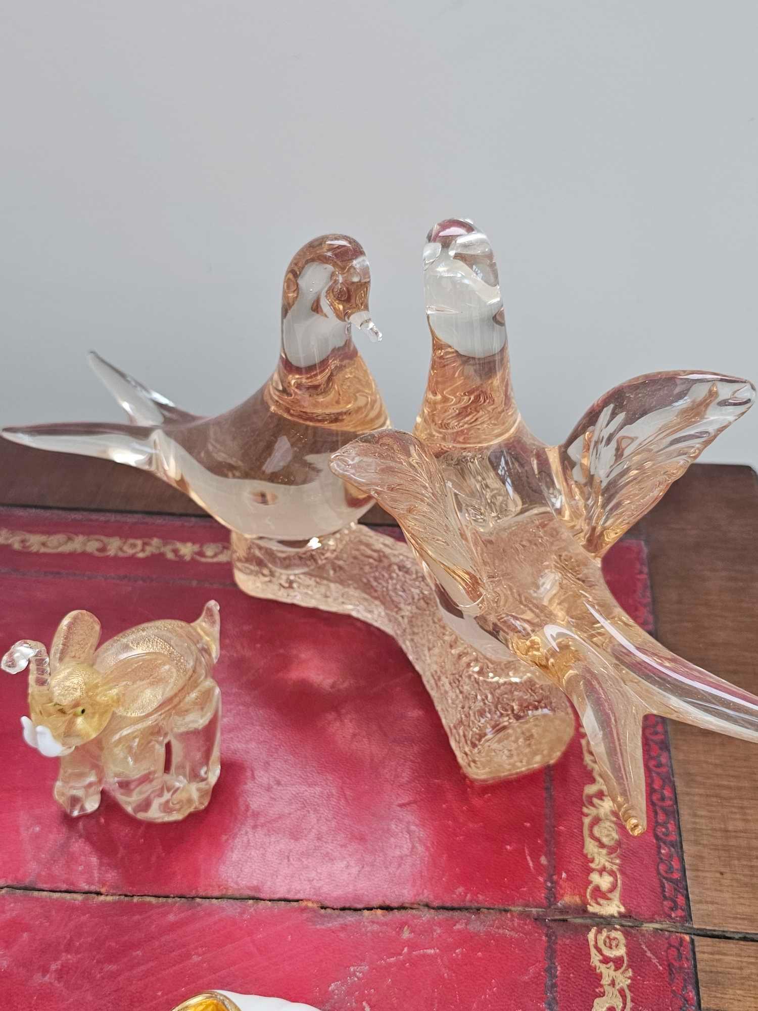 A Murano Pressed Art Glass Figurine Of Love Birds In Shades Of Peach And Amber 32 X 17cm