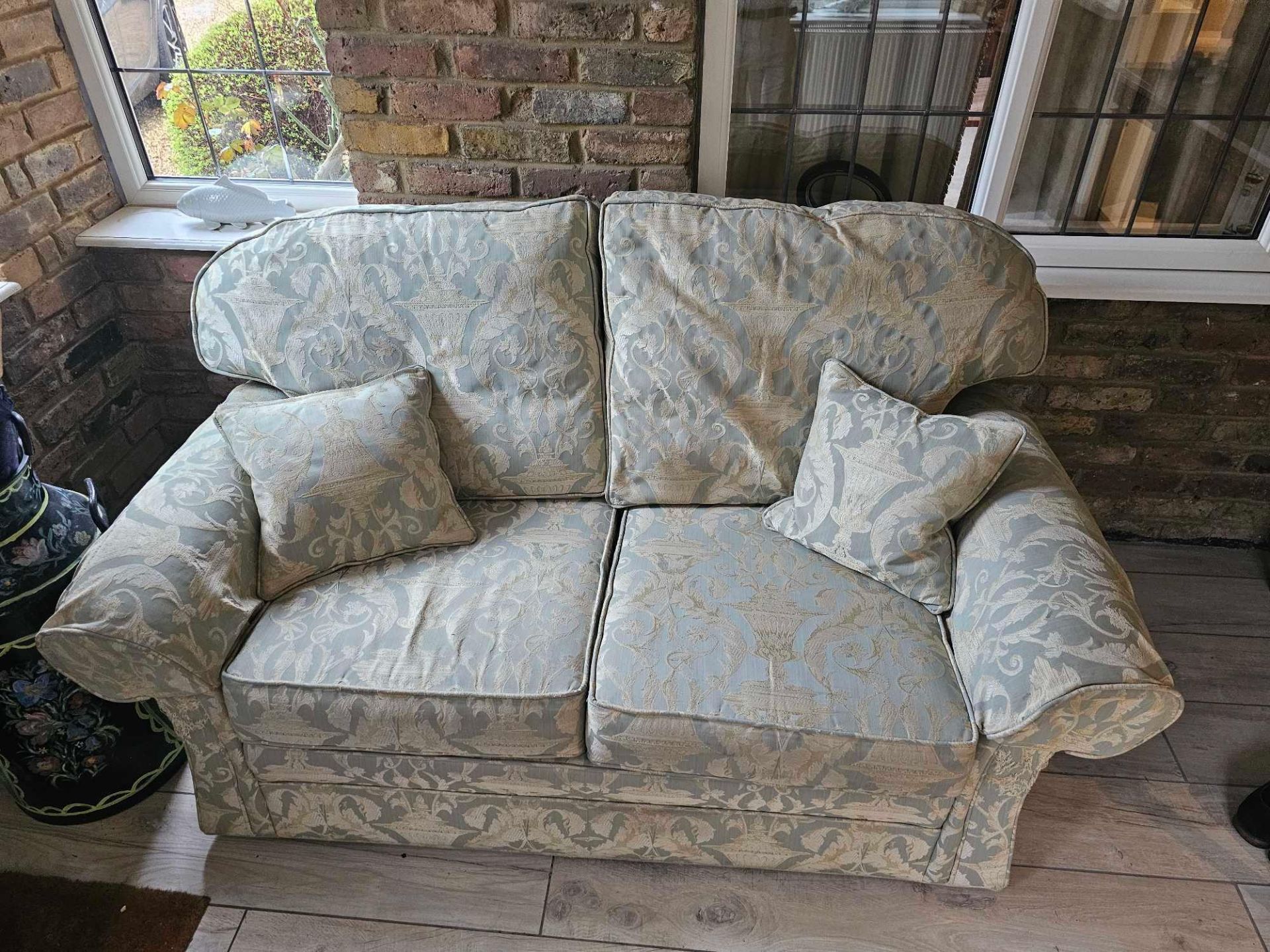 A Peter Guild Upholstered Two Seater Sofa In Damask Embossed Pattern Mint And Gold 160 X 87 X 95cm - Image 5 of 6