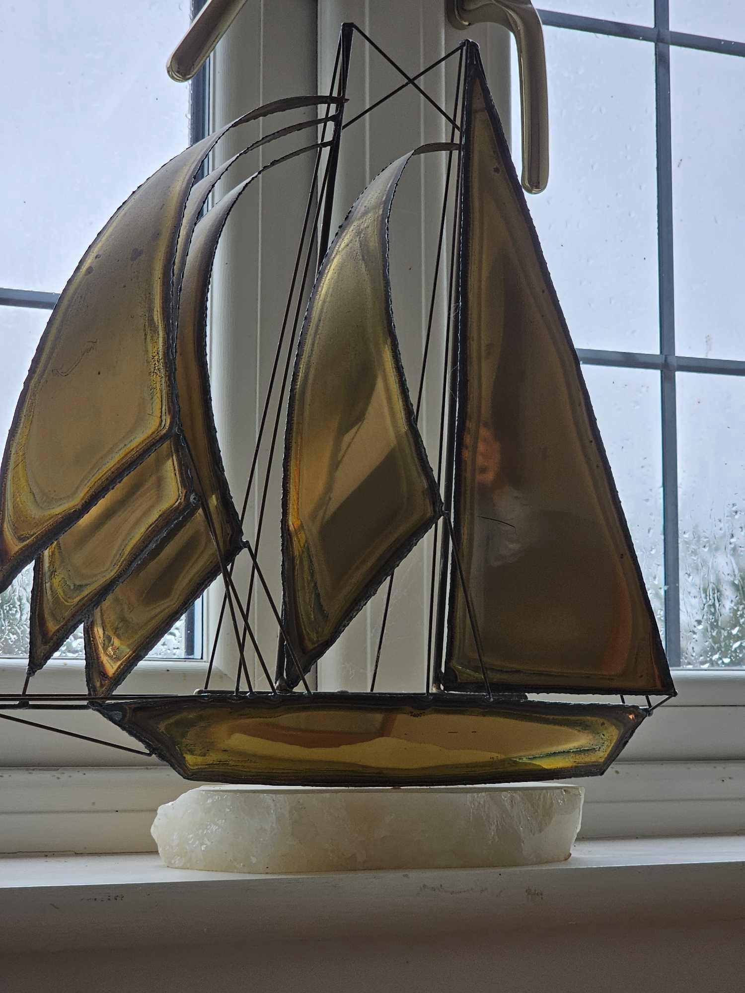 Vintage Mario Jason Style Brass Sailboat Sculpture On Onyx Mid Century Art - Image 2 of 2