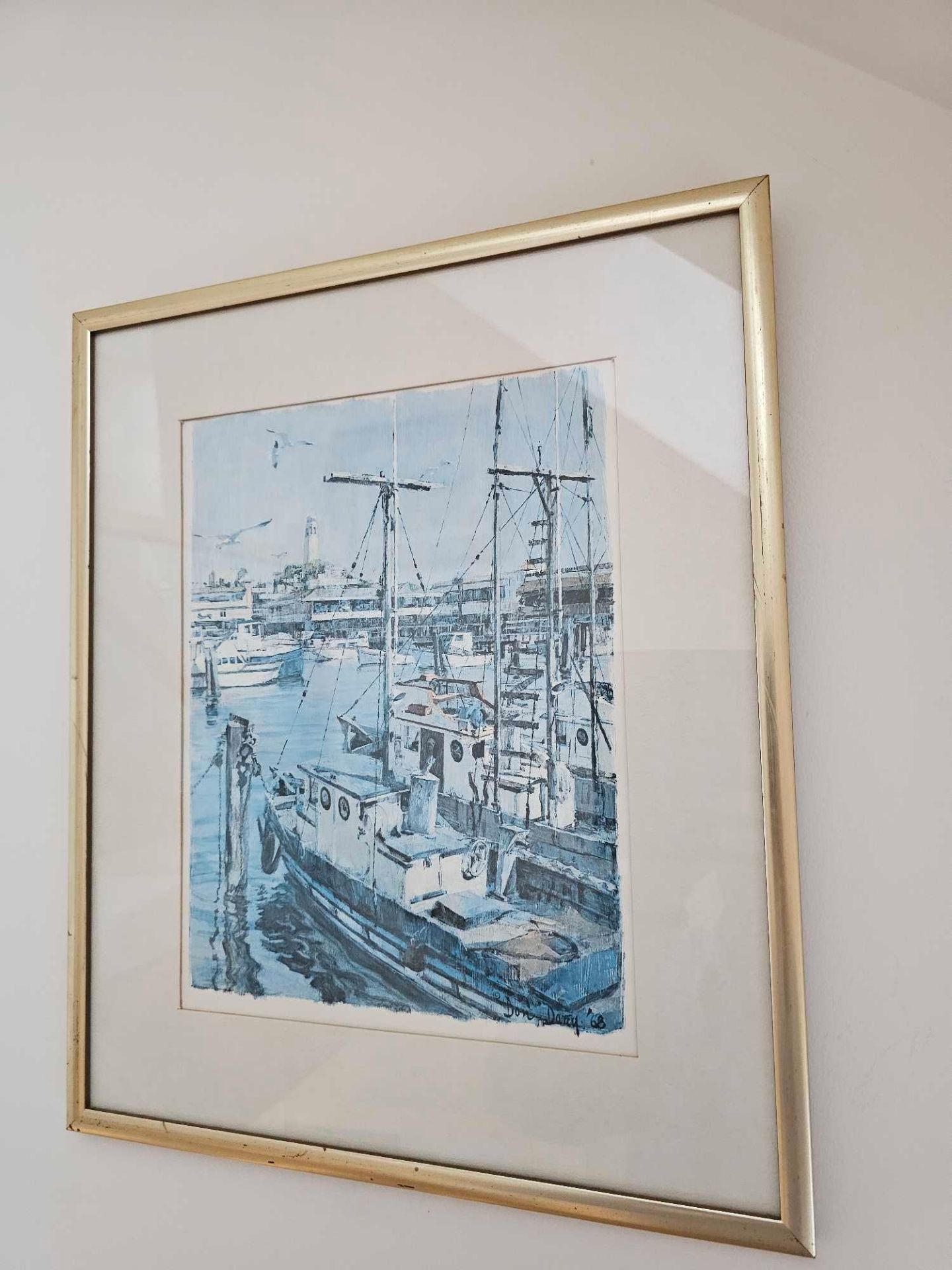 Framed Don Davey Art Print Fisherman's Wharf San Francisco Bay 1968 36 X 42cm